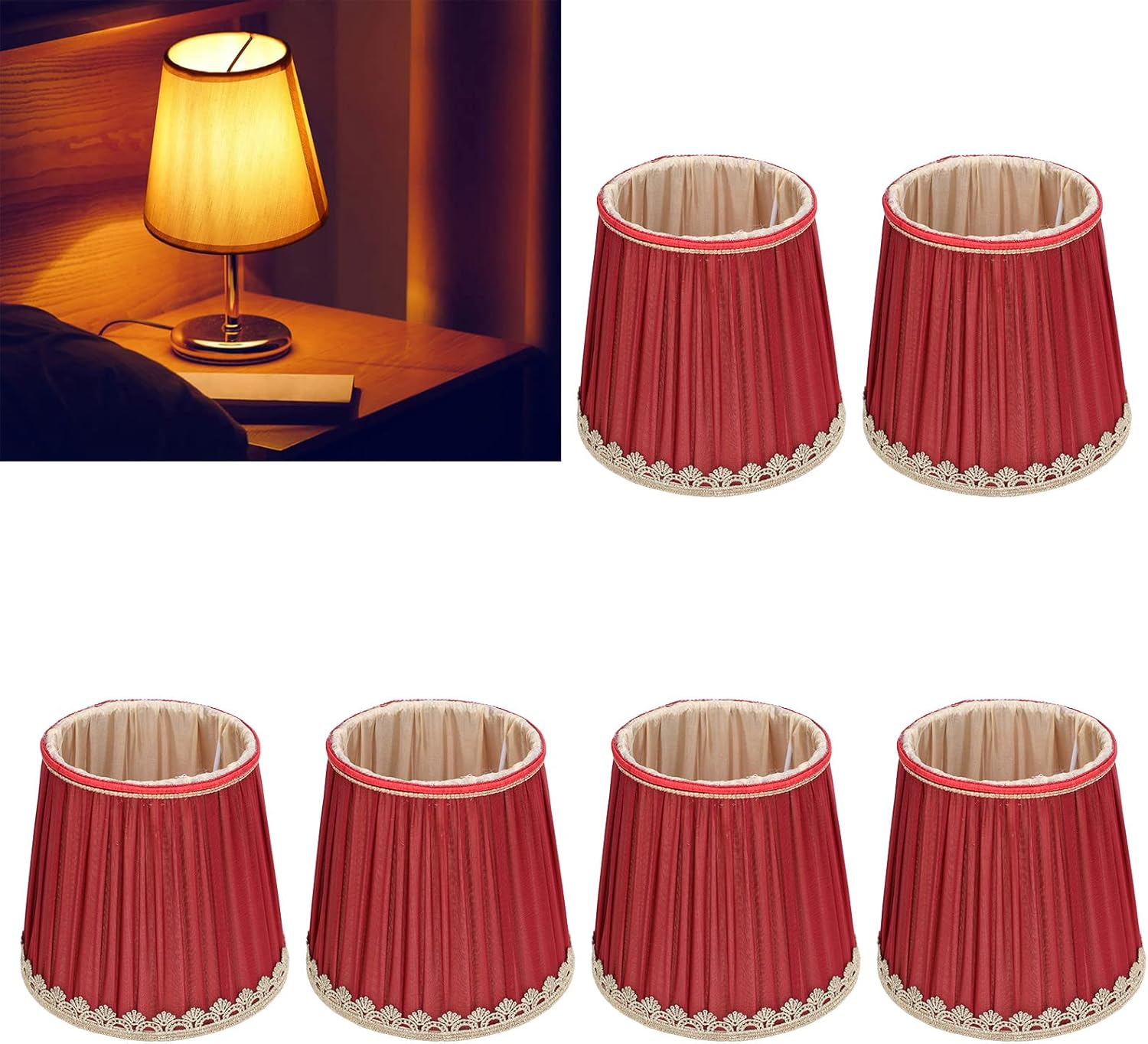 Juego de 6 pantallas de lámpara pequeña color rojo vino, pantalla plisada hecha a mano cubierta de lámpara de tela para lámpara de pared E14