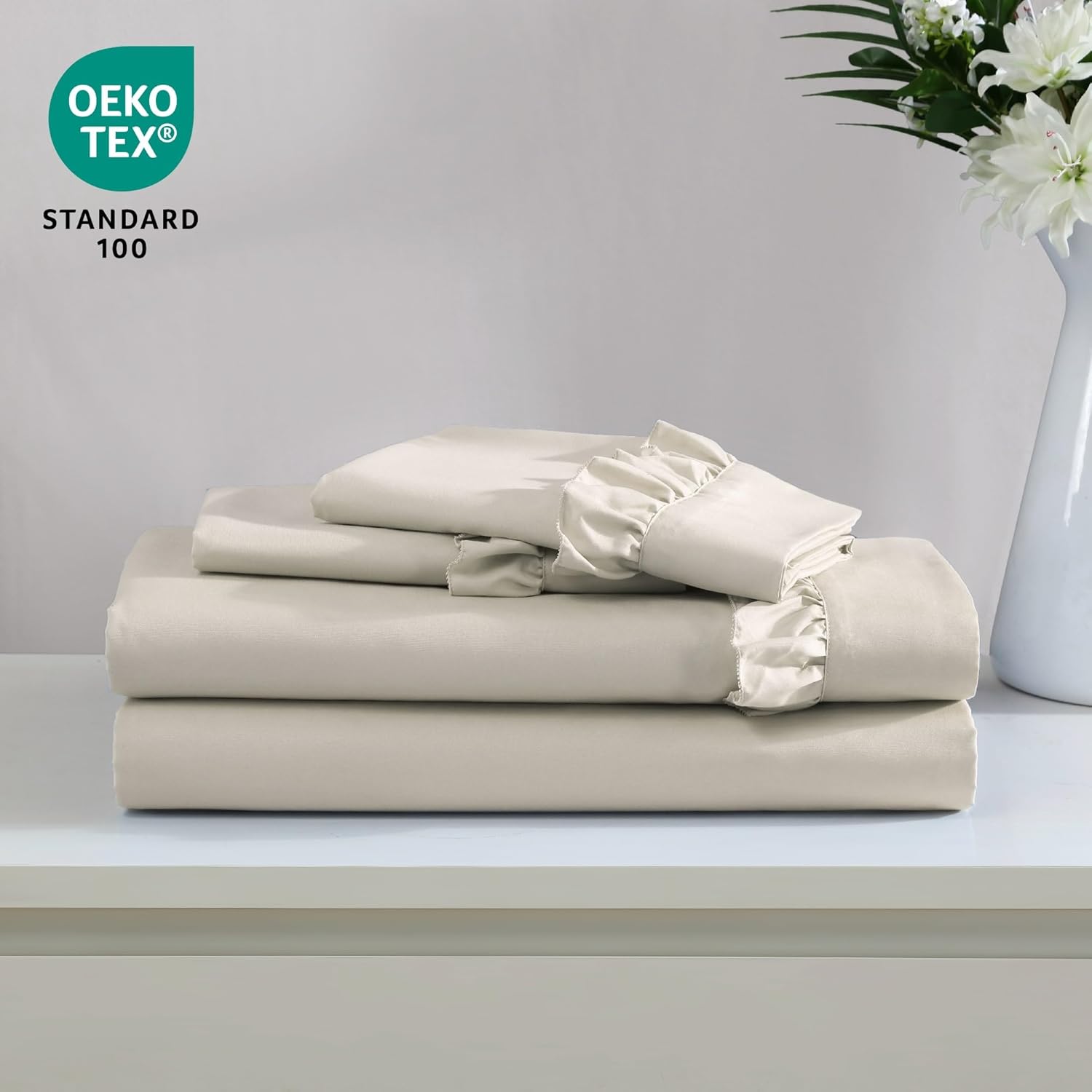 Swift Home Elegante diseño de dobladillo con volantes de 2 pulgadas en sábana encimera y fundas de almohada, resistente a las arrugas, resistente a