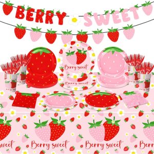 Decoraciones de fiesta de fresa, juego de vajilla de fiesta de cumpleaños con temática de fresa, platos de bebé dulce de bayas, servilletas para Decoraciones de fiesta de fresa, juego de vajilla de fiesta de cumpleaños con temática de fresa, platos de bebé dulce de bayas, servilletas para