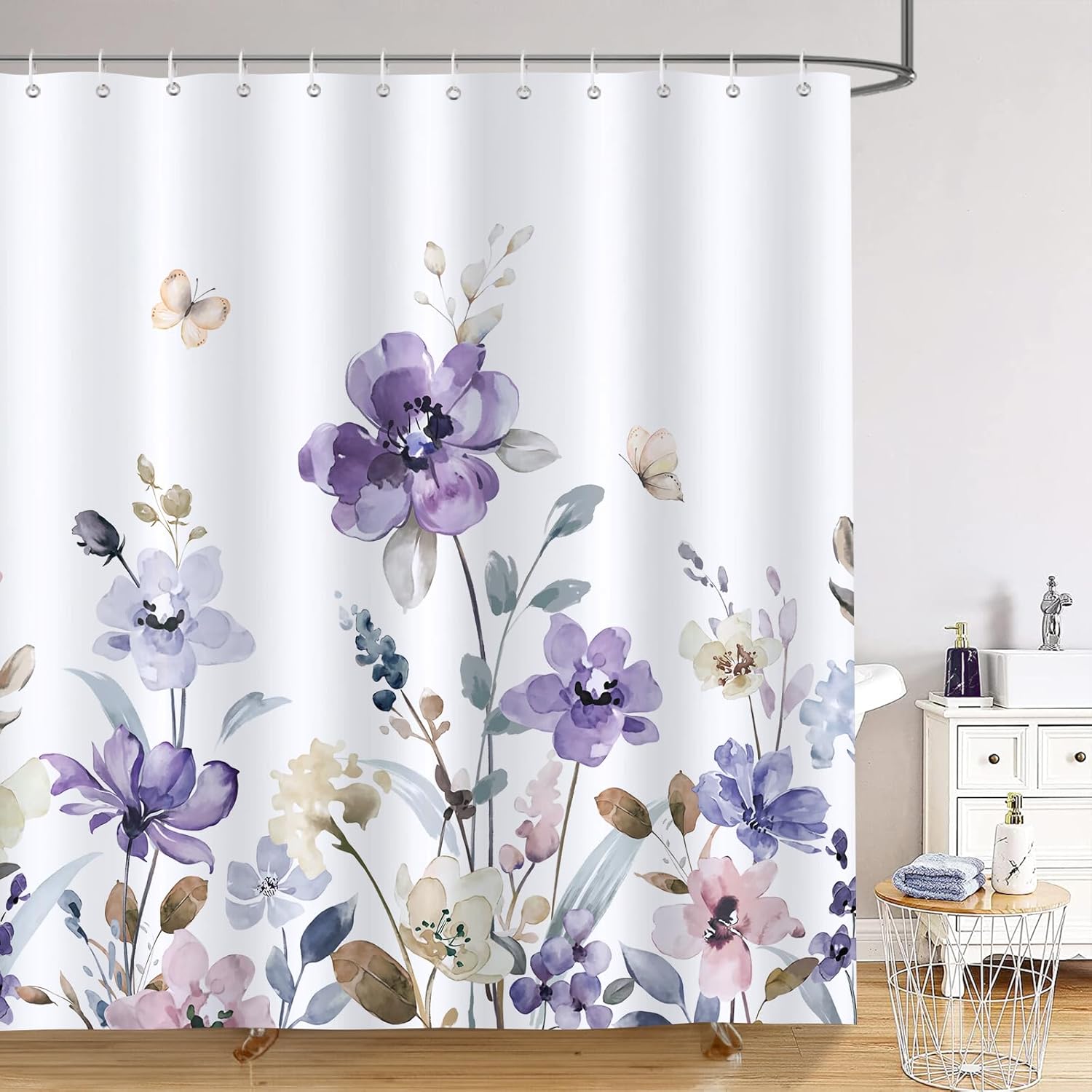 Bonhause Cortina de ducha floral morada, cortina de baño de 72 x 72 pulgadas, tela de poliéster impermeable con 12 ganchos
