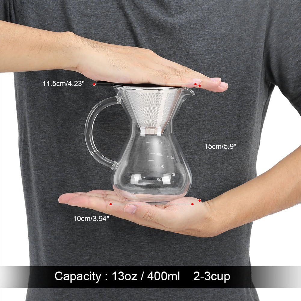 Glass Hand Drip Coffee Maker Pot with Stainless Steel Permanent Filter – 400ML with Scale