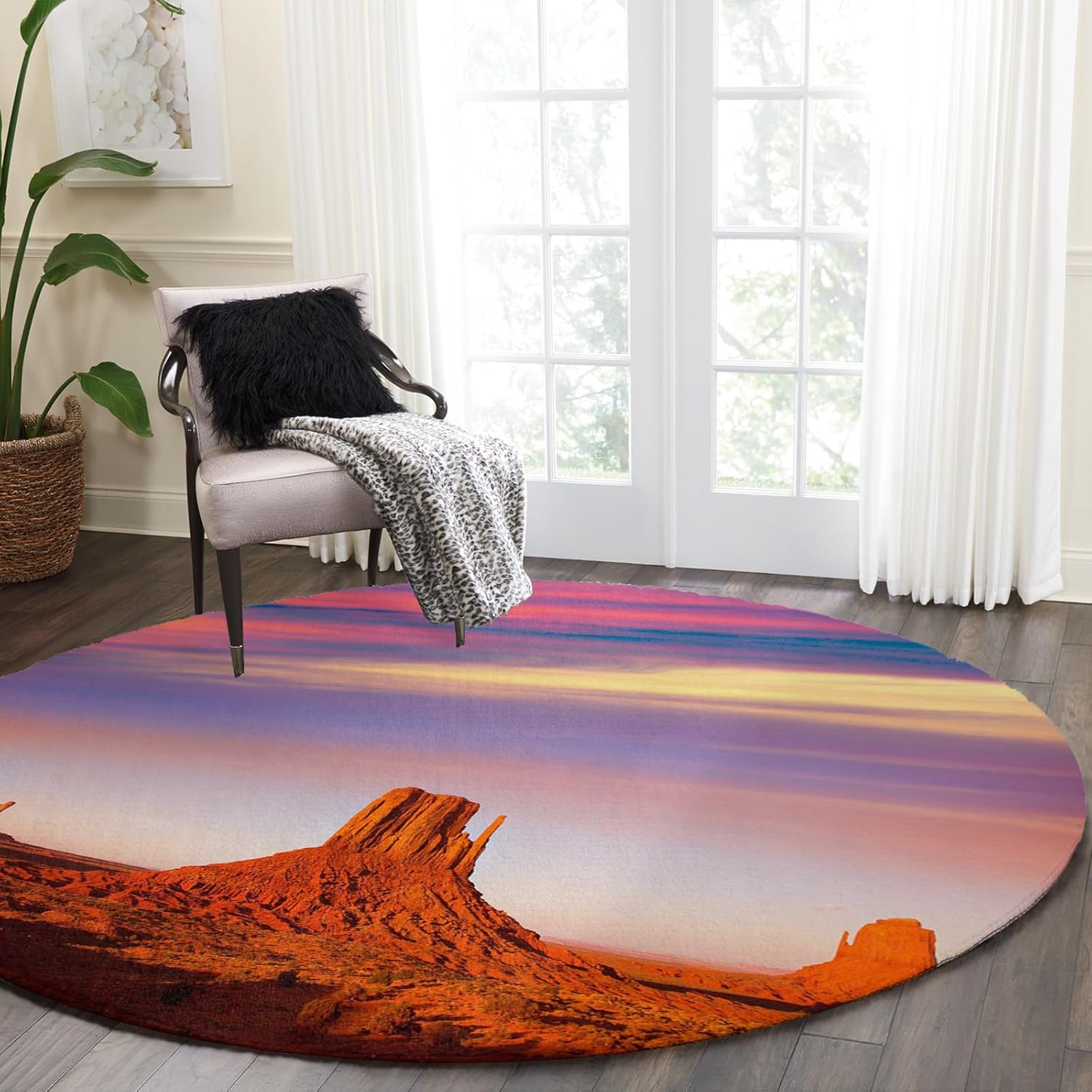 Round Rug 3Ft, Desert Dreamy Sunset Sundown Sky Natural Sand Building Landscape Soft Round Area Rug Machine Washable Non-Slip Circle Rug Carpet