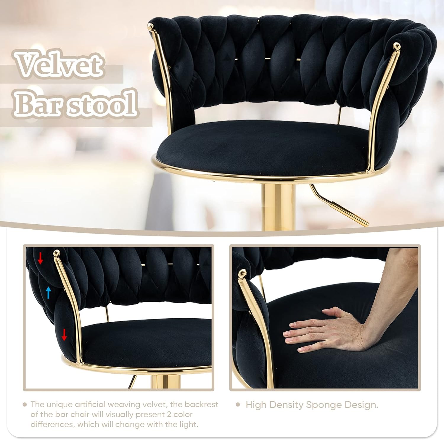 Deolme Taburetes de bar giratorios de terciopelo, taburetes de bar ajustables de altura de mostrador, taburetes de bar modernos con respaldo