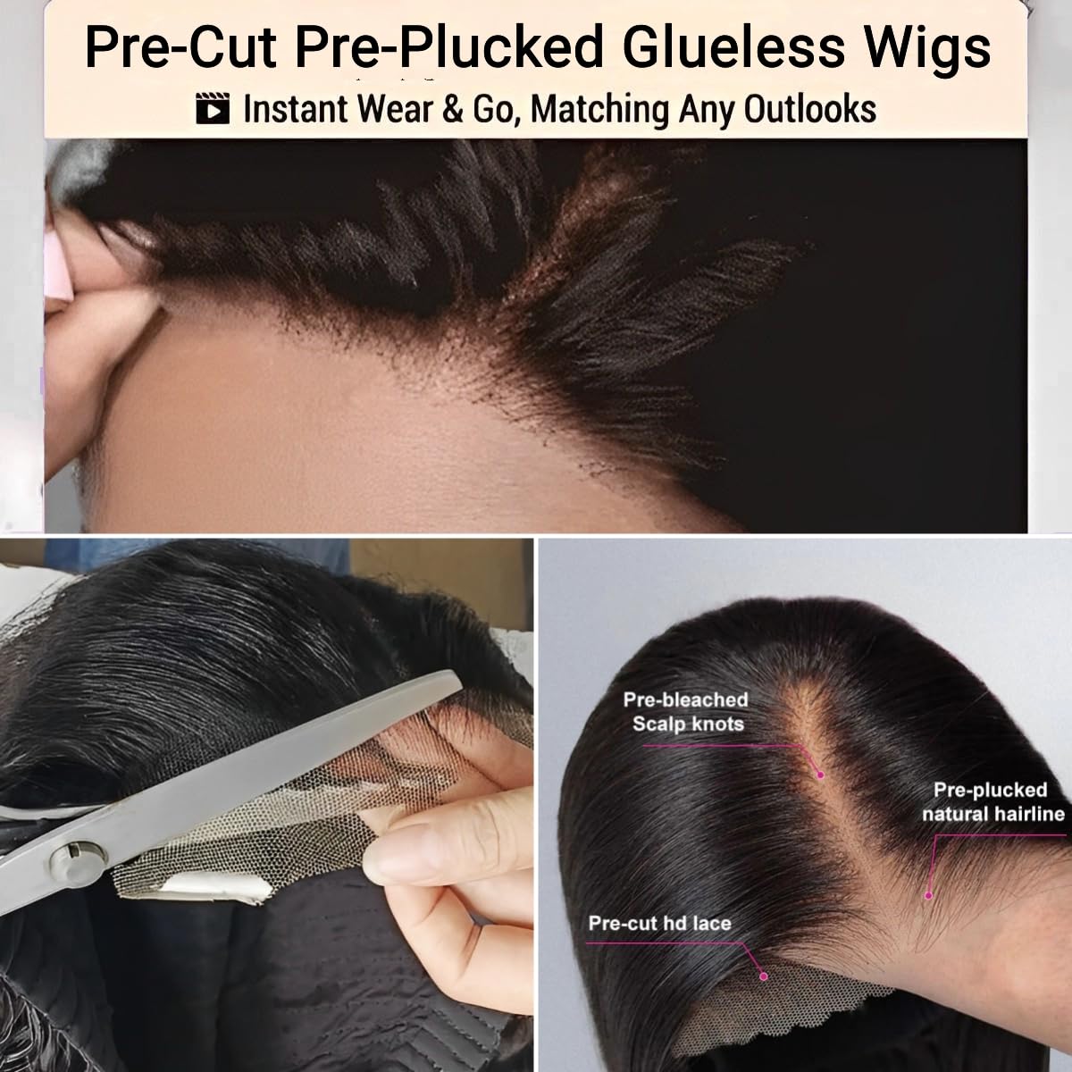 Wear and Go – Peluca de cabello humano lacio sin pegamento, encaje HD precortada de 6 x 4 pulgadas, sin pegamento, pelucas con cierre frontal de
