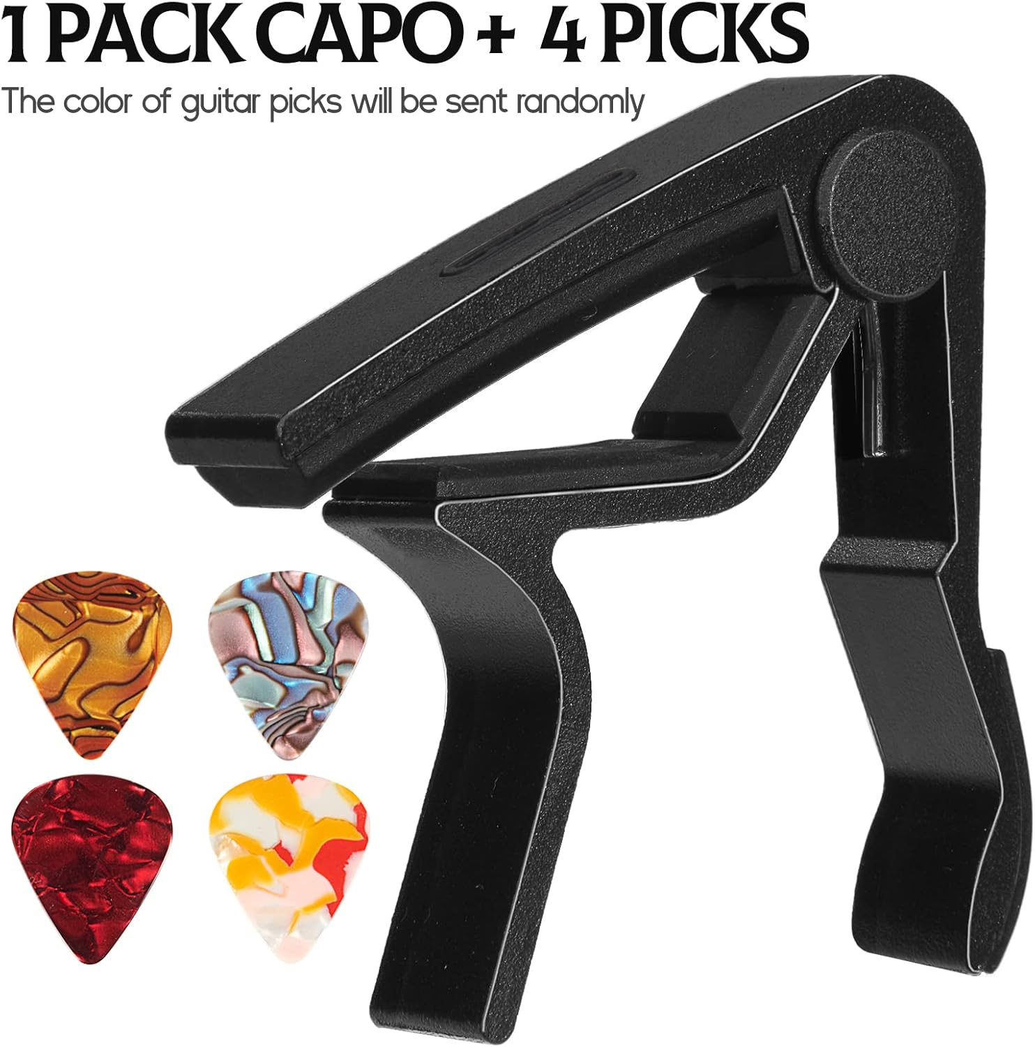 Cejilla de guitarra con soporte para púas para guitarra acústica y eléctrica, ukelele, bajo, banjo con púas de guitarra (negro)