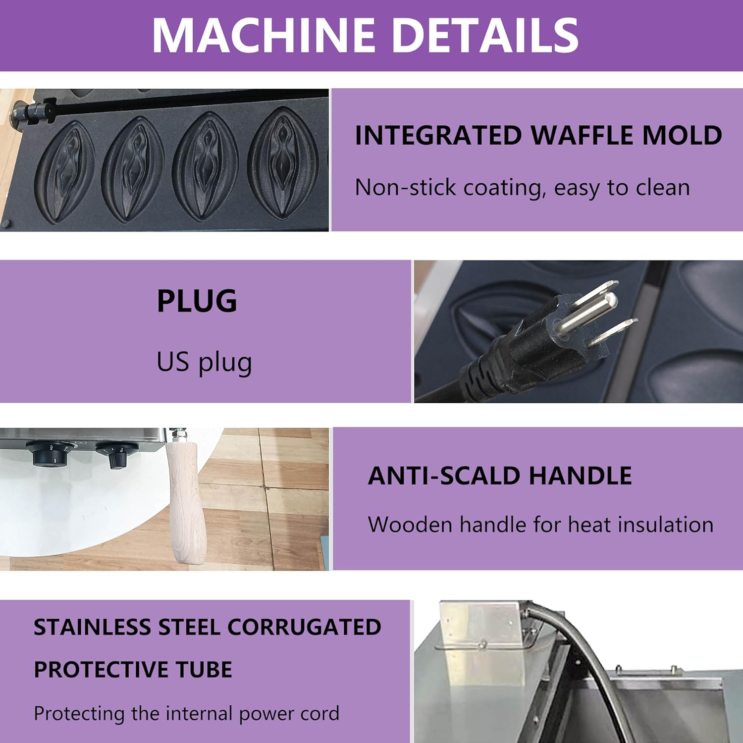 Yovtekc – Máquina comercial de gofres de abulón, 5 unidades con forma de vagina con platos extraíbles, máquina de hornear de hierro antiadherente
