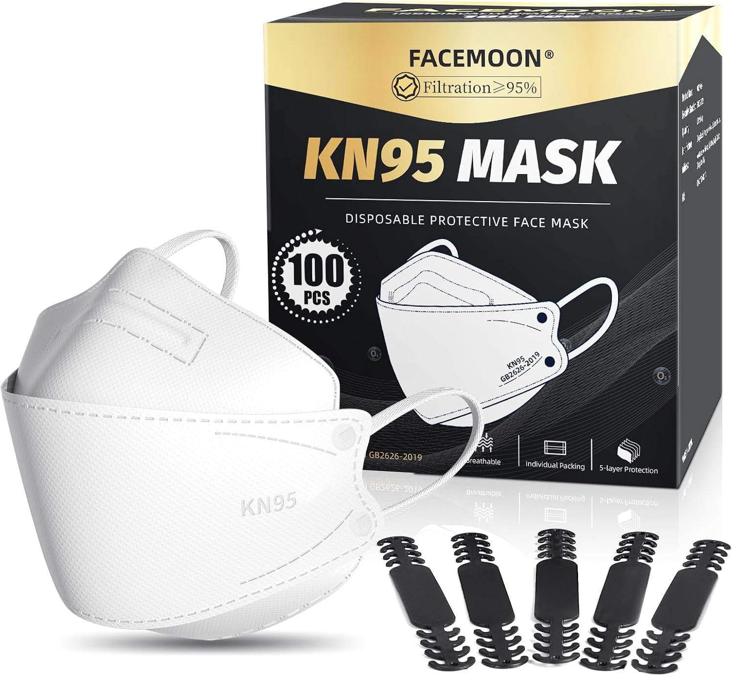KN95 – Cubrebocas desechables para adultos, paquete de 100 mascarillas KN95 ajustables, protección de 5 capas, transpirable, cómodo, respirador,