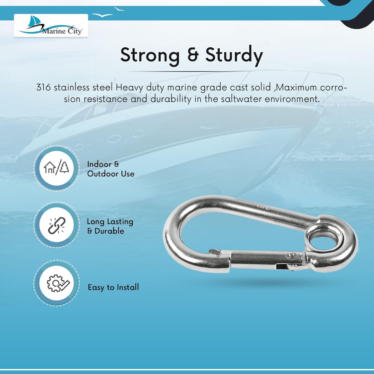 MARINE CITY Mosquetón de acero inoxidable de grado 316 con anillo de 3-18 pulgadas para escalada, pesca, senderismo, barco, vela, campamento