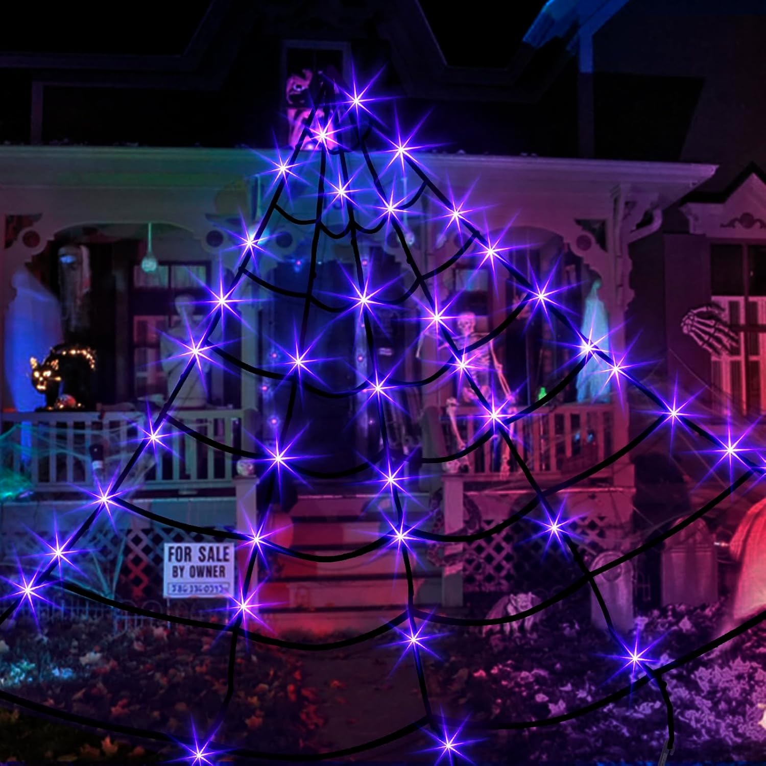 Vanthylit Decoraciones de Halloween para exteriores, luces gigantes de telaraña de 16 x 15 pies con 135 luces LED moradas iluminadas para fiestas,
