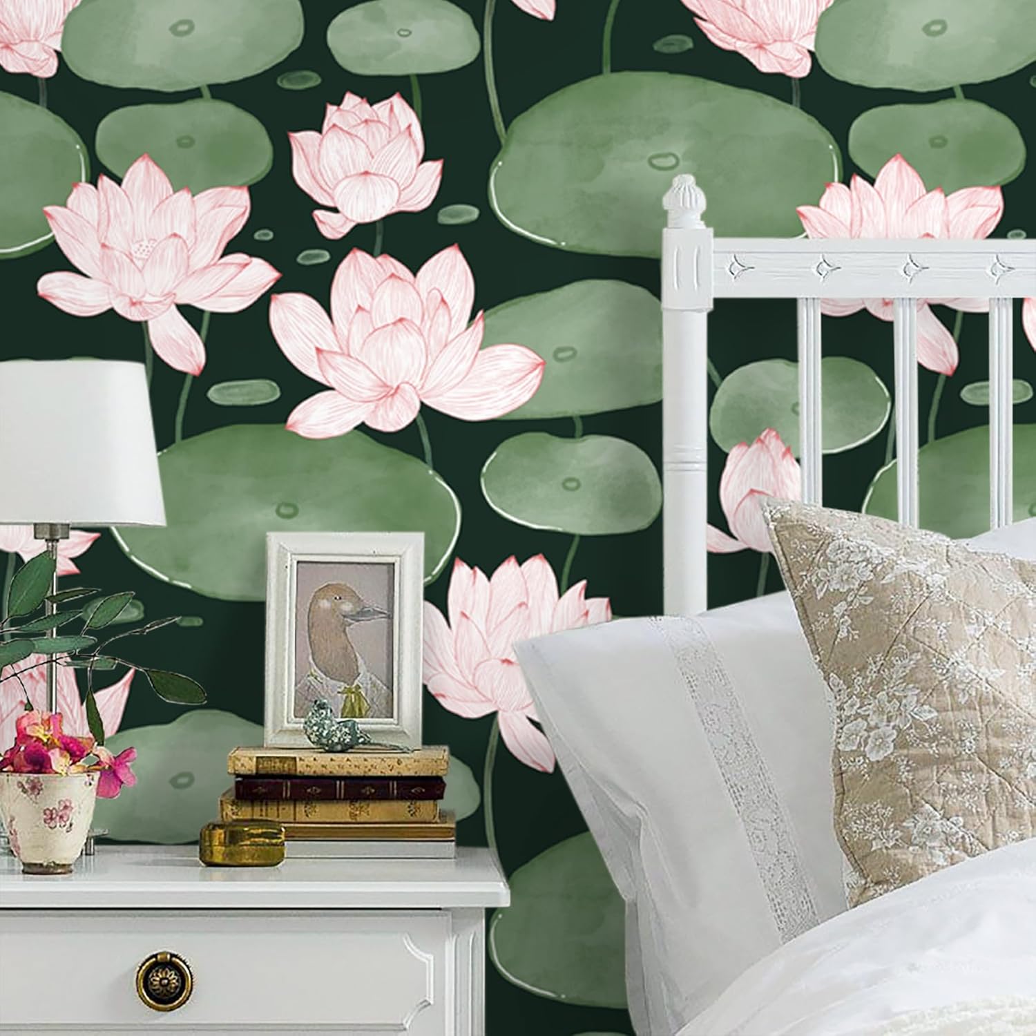 Yasinet Papel tapiz autoadhesivo para despegar y pegar, papel tapiz vintage con flores de loto verde oscuro, papel de contacto autoadhesivo
