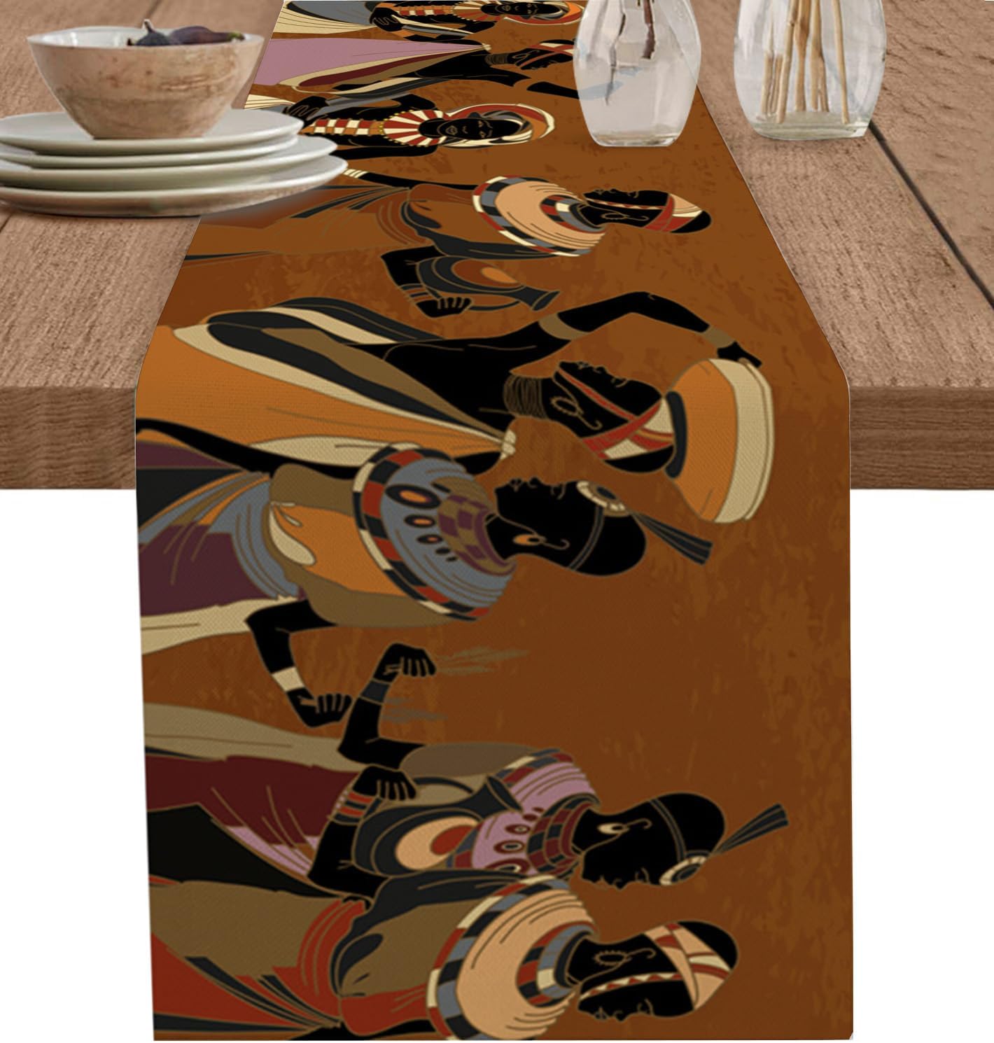 Camino de mesa de mujer africana americana de 120 pulgadas de largo, antideslizante, algodón y lino, caminos de mesa de comedor, bufandas para