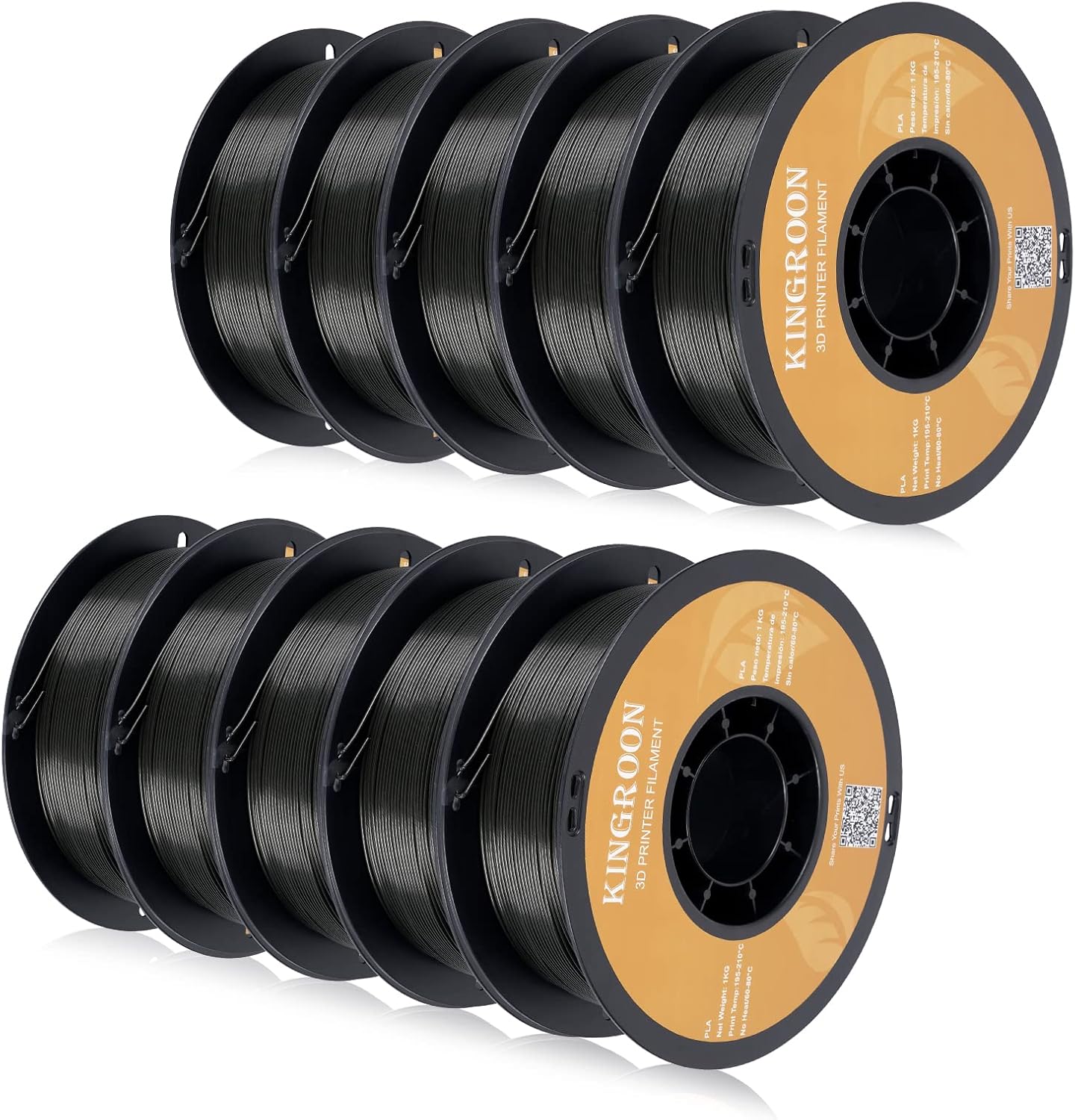 Kingroon PLA – Filamento para impresora 3D, 10 rollos, precisión dimensional +- 0.001 in, carrete de 22 libras (22 libras), 0.069 in, color negro