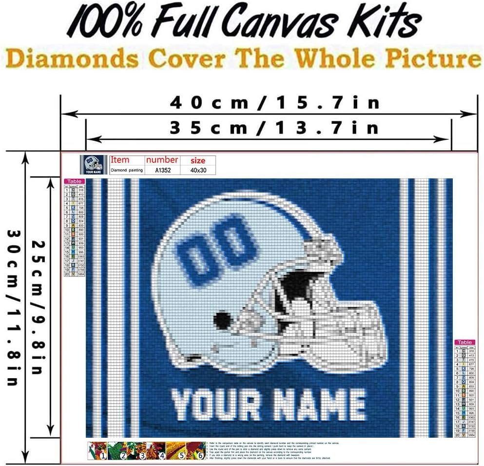 Bysincy Pintura de diamantes de fútbol personalizada con nombre y número, pintura personalizada de bandera de fanáticos deportivos con casco, arte