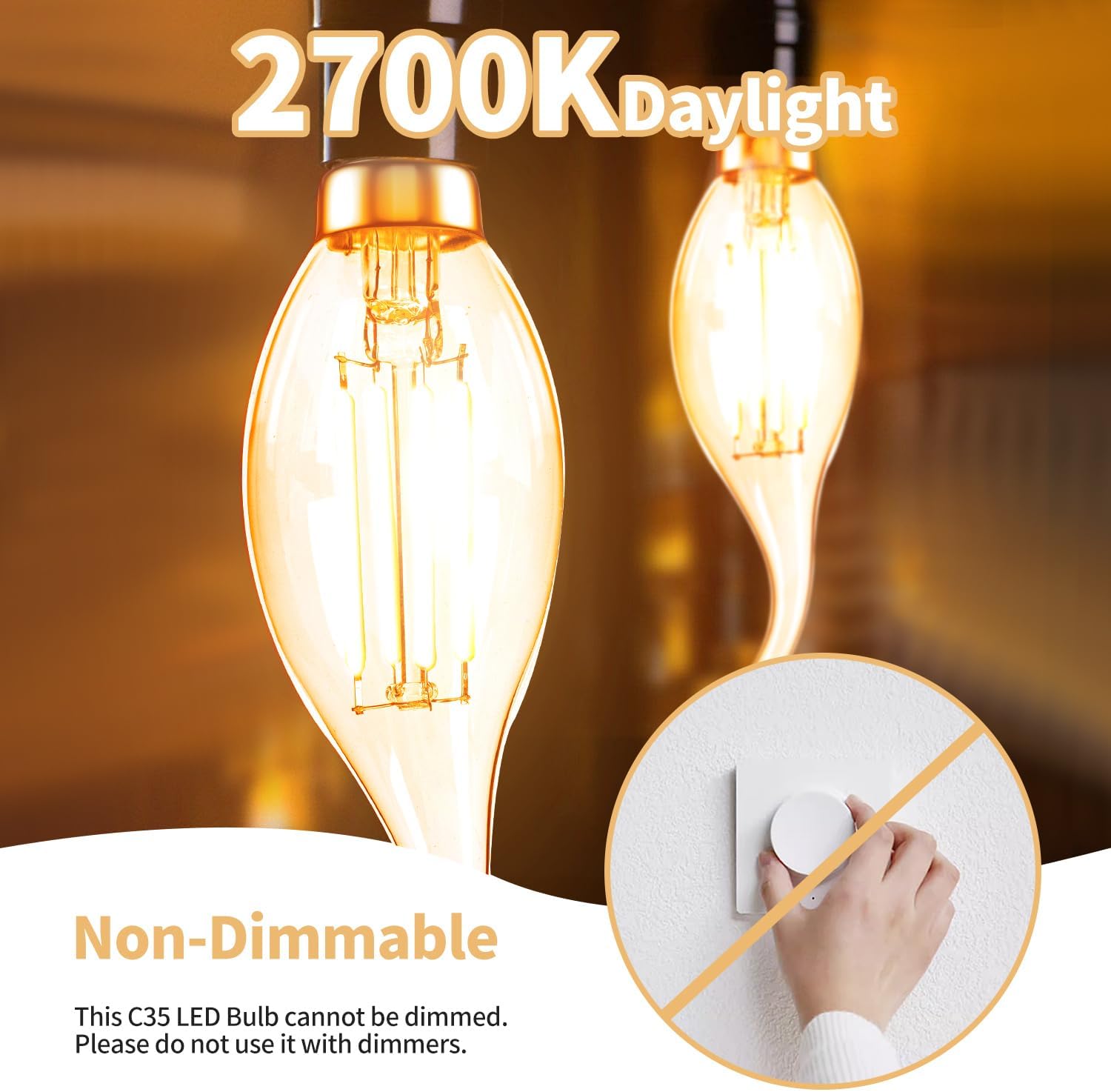 MEGAENERGY Bombilla LED E12 equivalente a 40 W, punta de llama, luz blanca cálida de 2700 K, no regulable, bombilla LED Edison vintage de 450