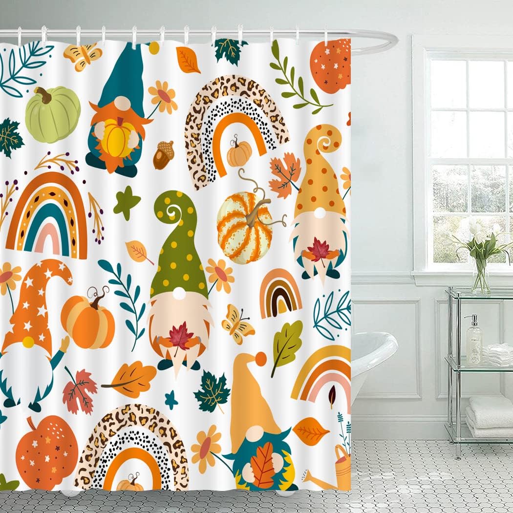 Juirnost Cortina de ducha de gnomo de calabaza otoñal, cortina de ducha para el día de Acción de Gracias, decoración de bañeras de baño, decoración