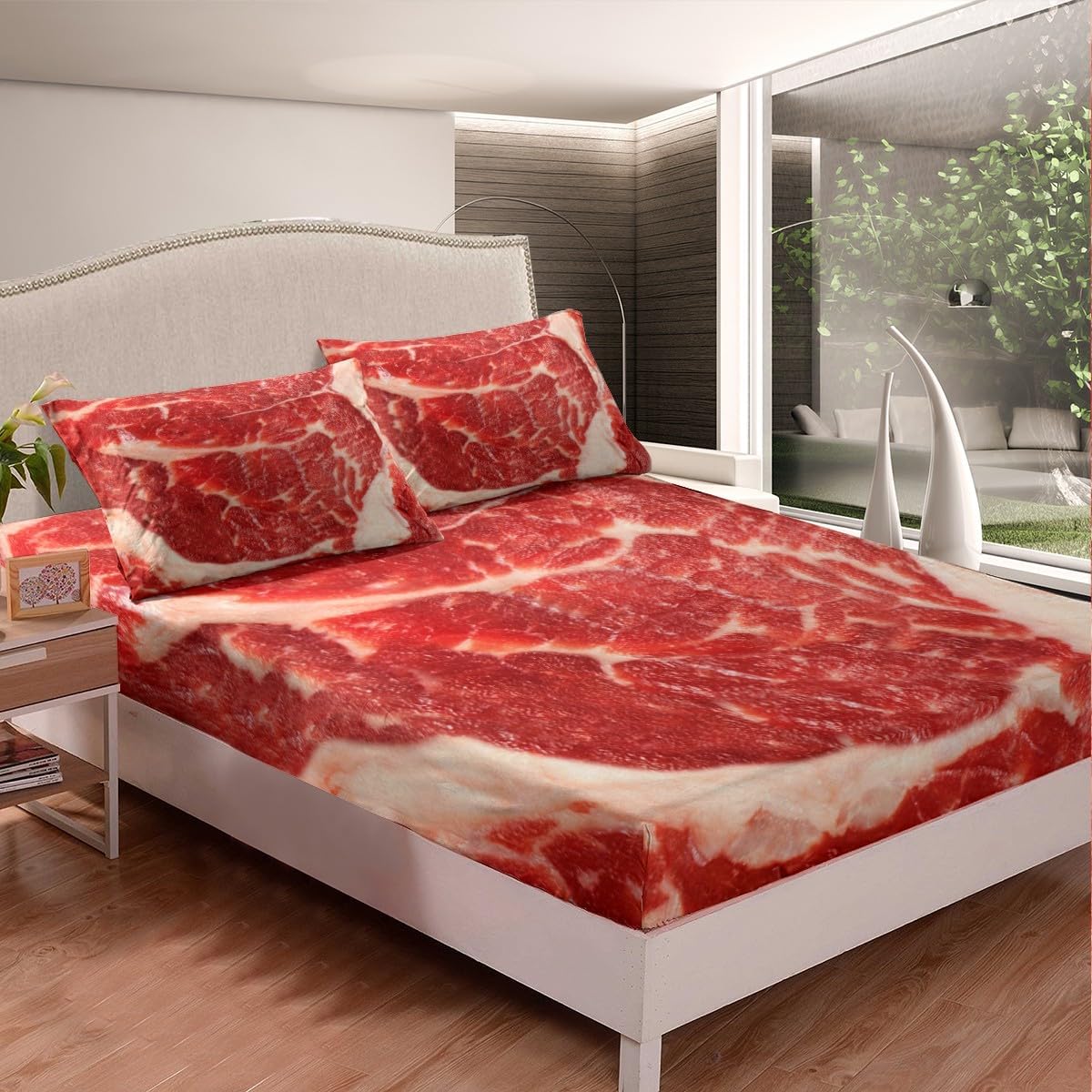 Feelyou Juego de sábanas de carne cruda tamaño King, sábanas de alimentos con bolsillo profundo, sábanas bajeras de Beaf para niños y niñas, juego