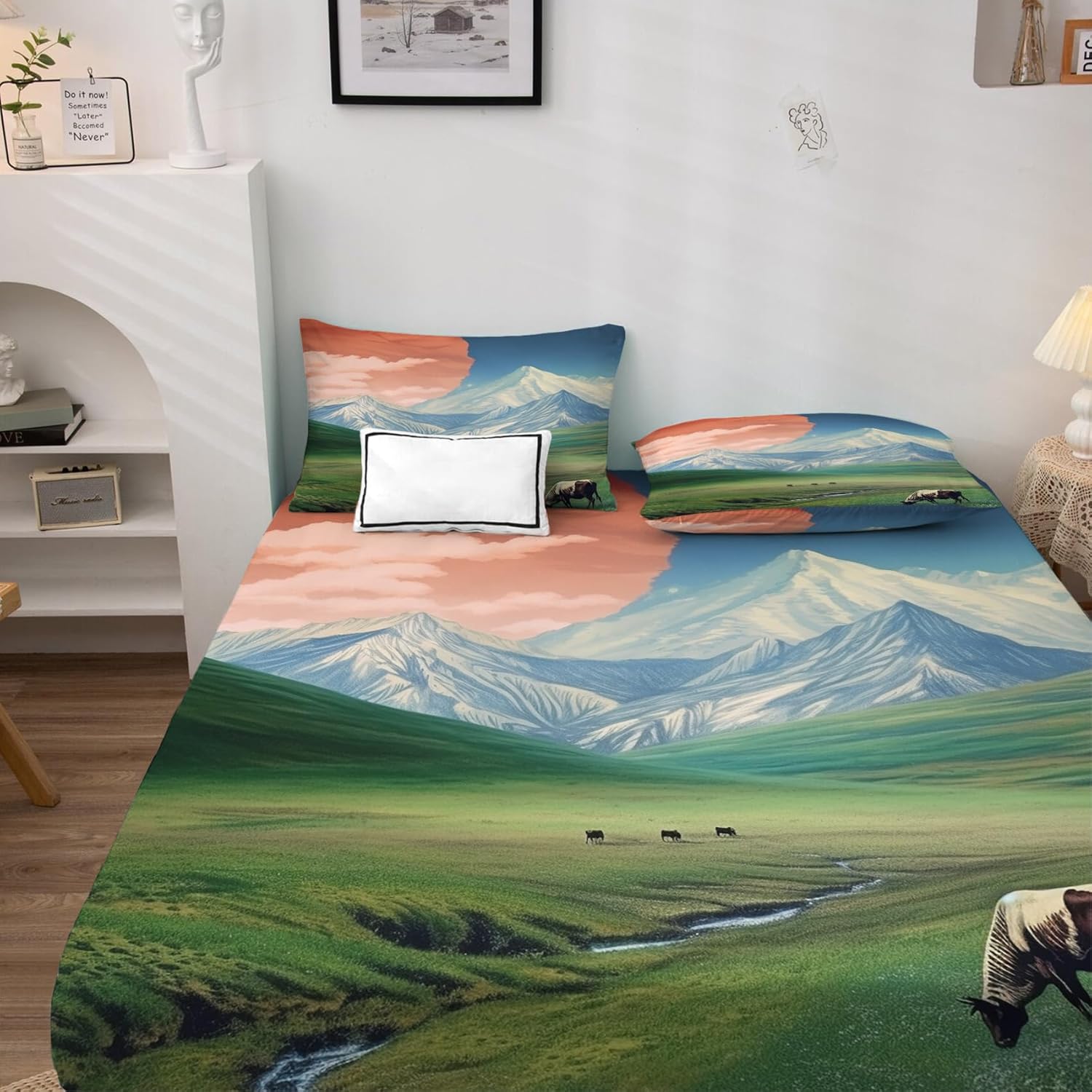 Sábanas de paisaje tamaño Queen, sábanas de vaca de montaña, sábanas y fundas de almohada estampadas de 4 piezas, sábana bajera ajustable de