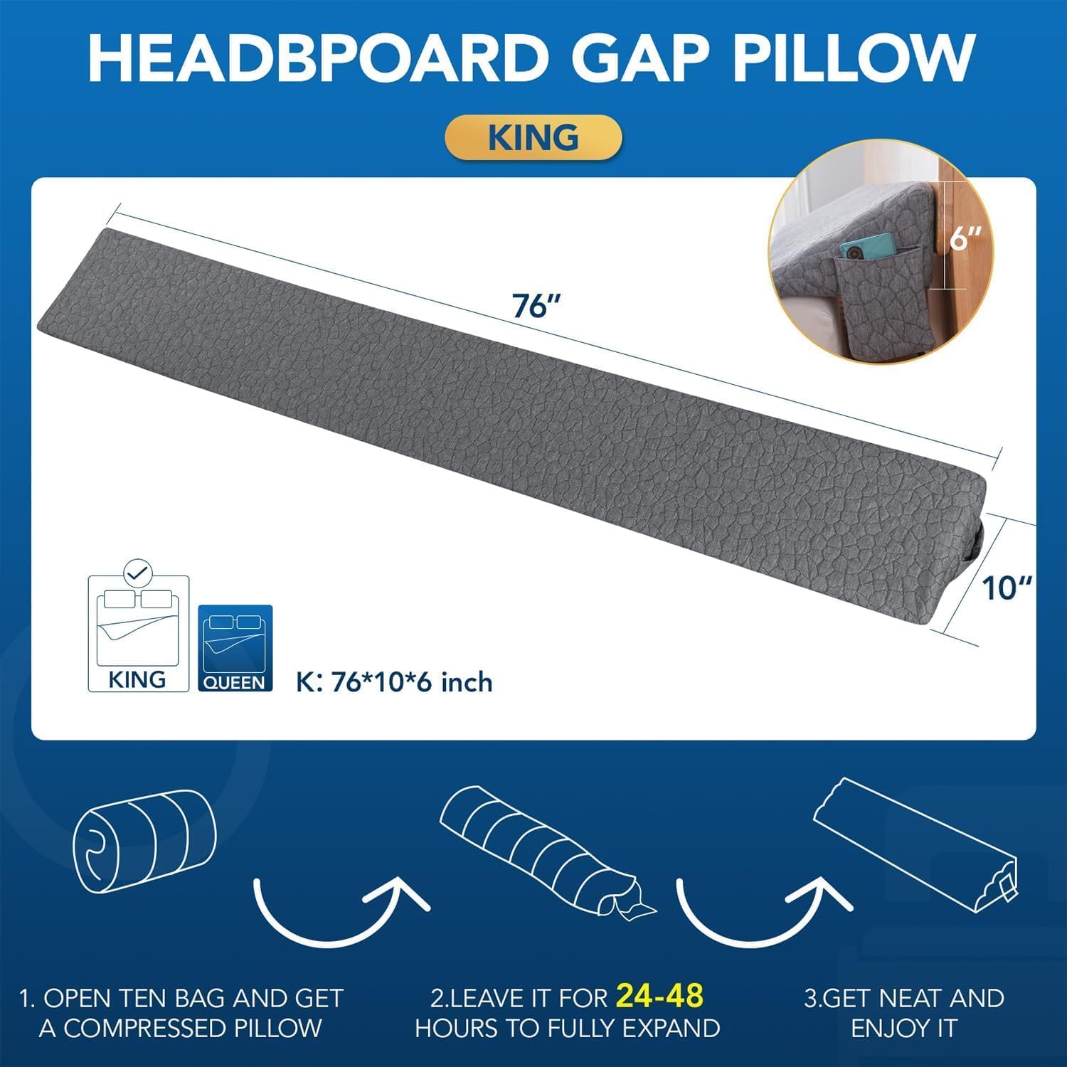 Teemour Almohada de cuña de tamaño individual (39 x 10 x 6 pulgadas), almohada de cuña triangular, almohada larga, relleno de huecos de cama (0-7