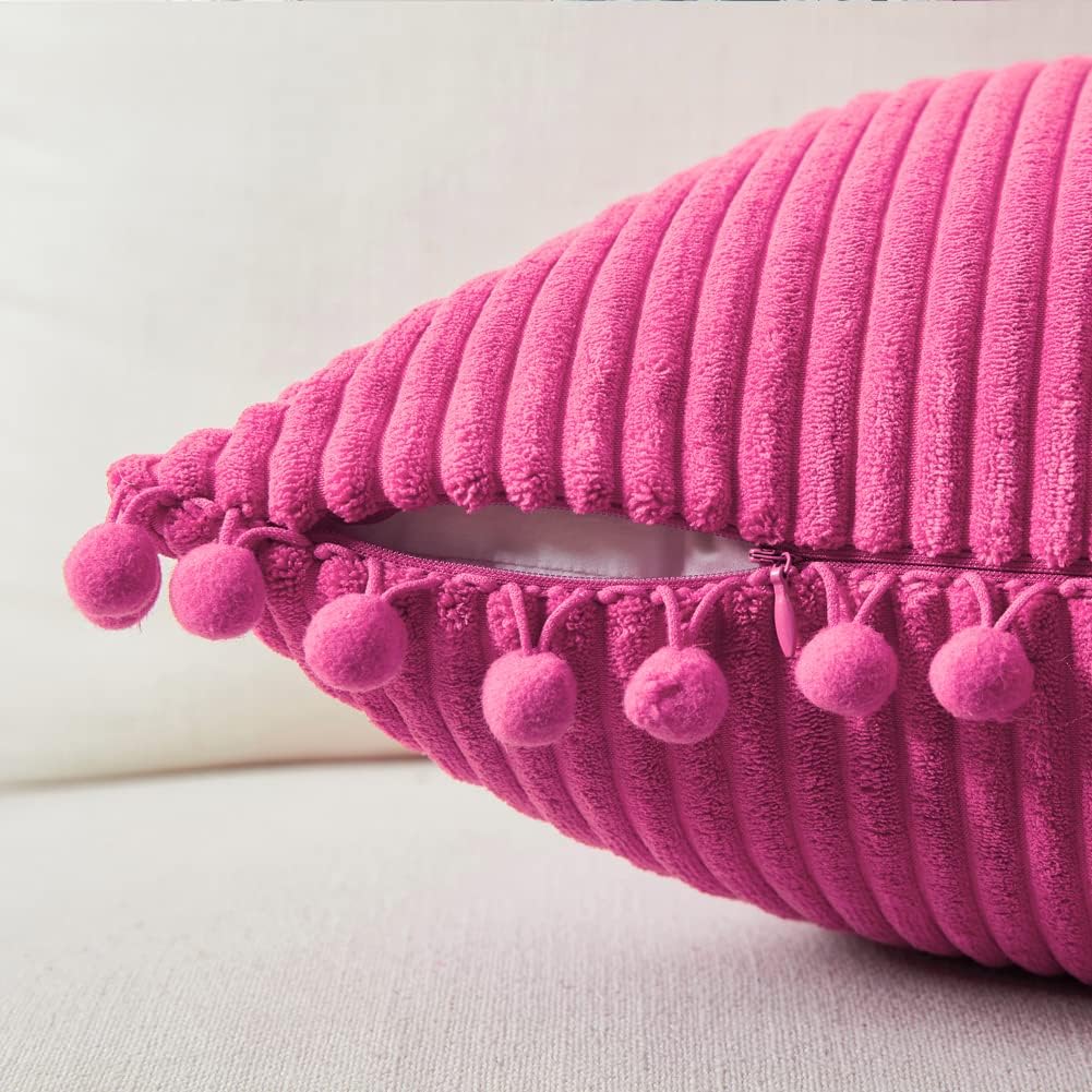 Fancy Homi Juego de fundas de almohada decorativas de pana suave con pompones, fundas de cojín cuadradas sólidas para sofá, dormitorio, automóvil,