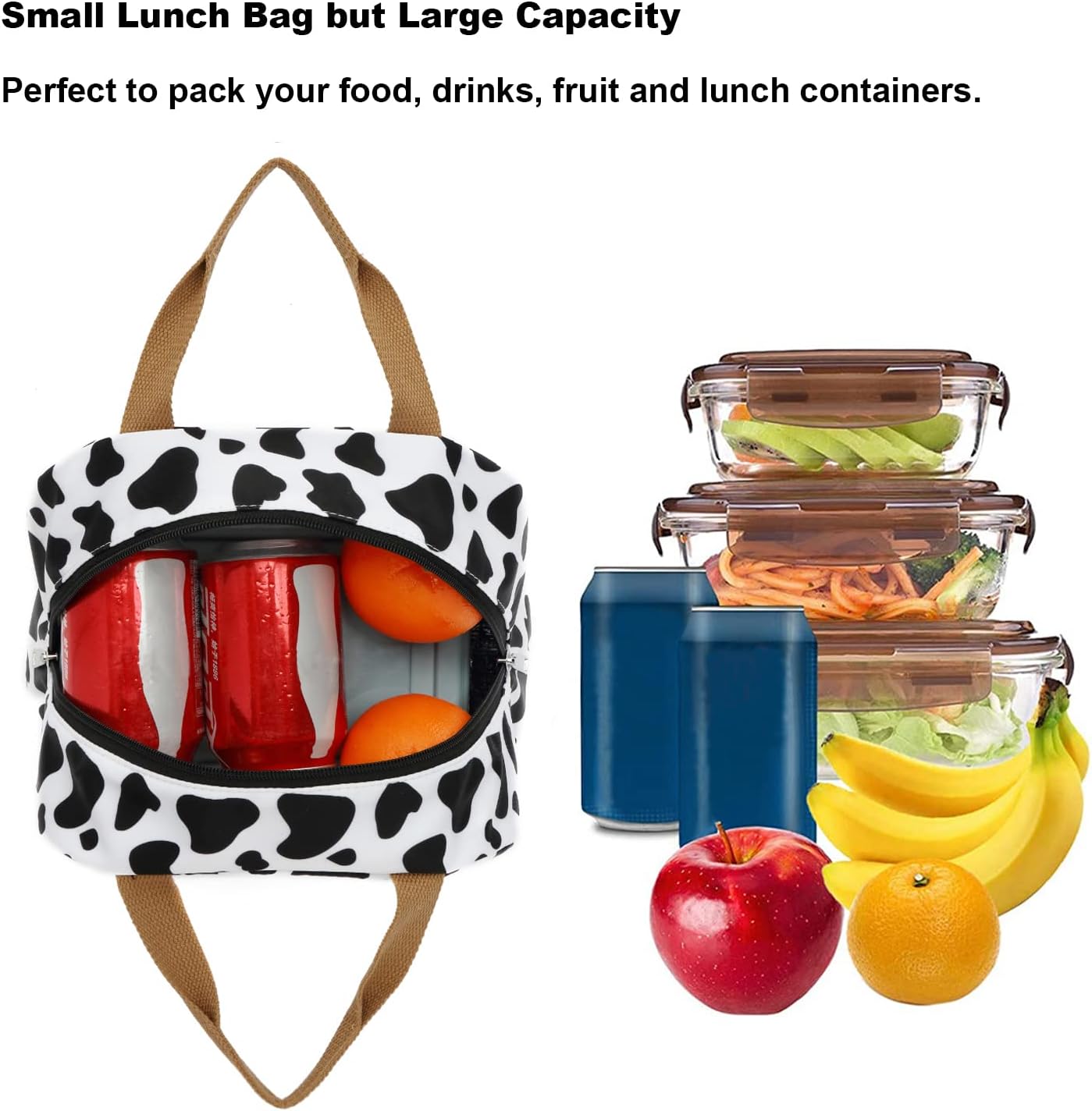 Bolsa de almuerzo con estampado de vaca para mujeres y niñas, bolsas de picnic reutilizables con aislamiento para adultos y niños, trabajo, escuela,