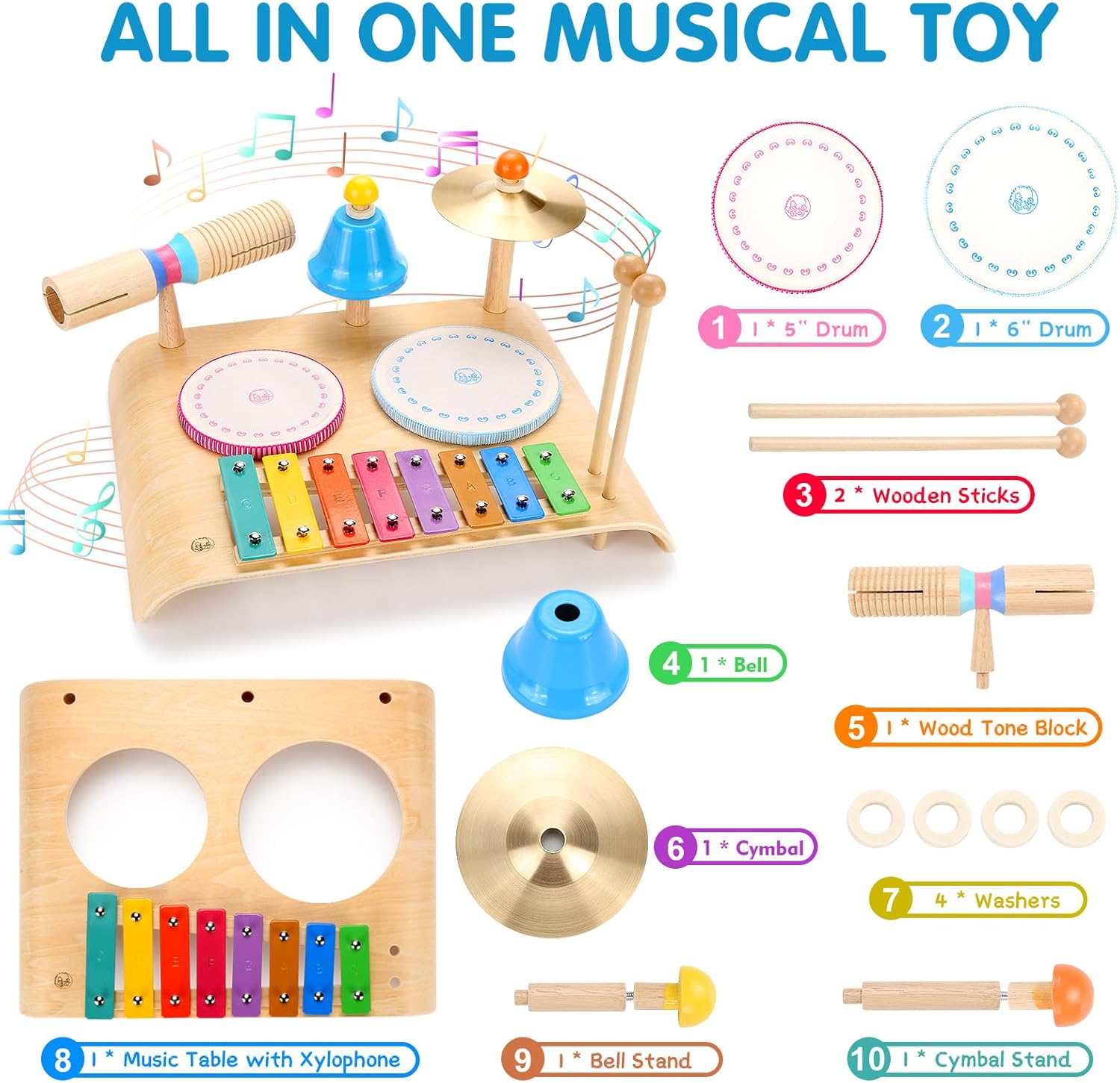 Juego de batería para niños, tambor para niños pequeños con xilófono, instrumentos de percusión de madera 8 en 1, juguetes musicales Montessori,