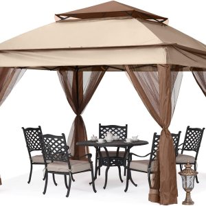 Mastercanopy – Glorieta desplegable para exteriores con paredes de malla 11 x 11 champán Mastercanopy – Glorieta desplegable para exteriores con paredes de malla 11 x 11 champán