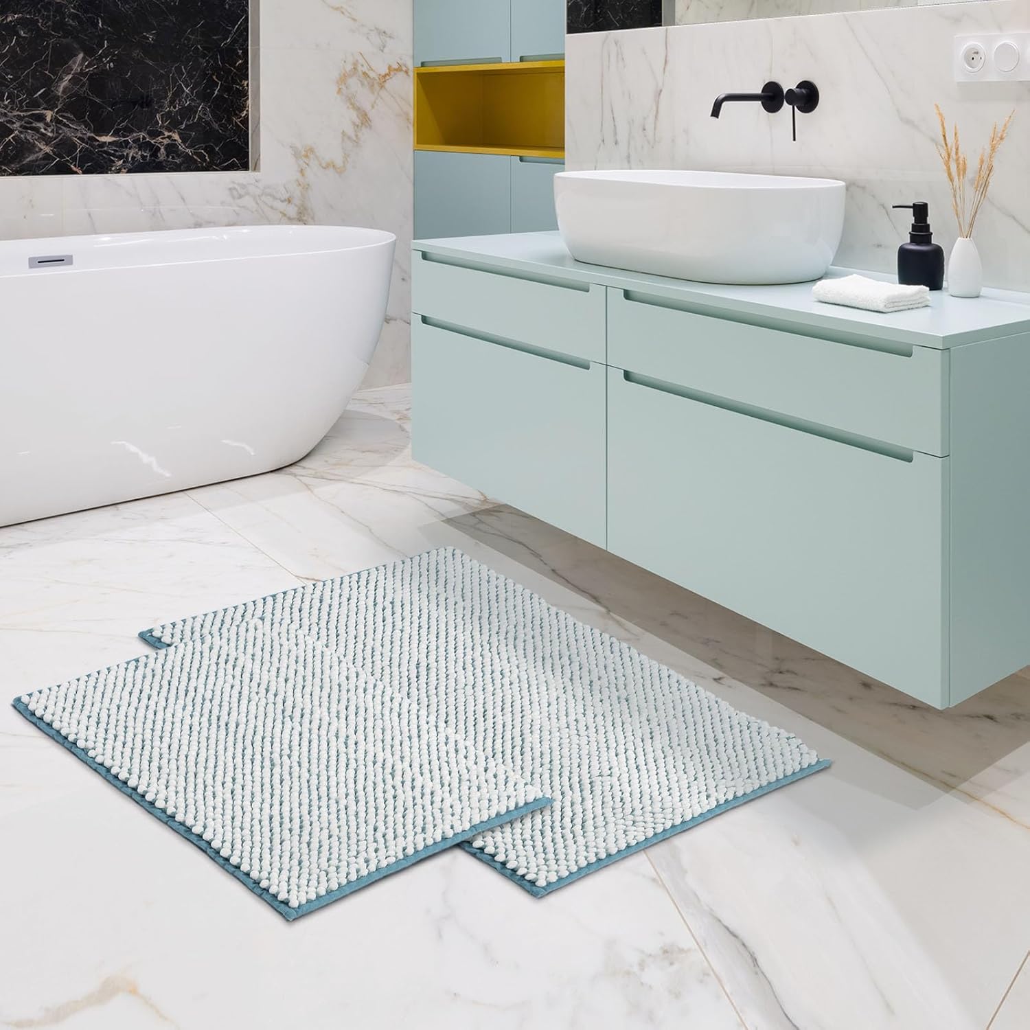 FRESHMINT Juego de 2 alfombras de baño de felpilla de 17 x 24 pulgadas + 20 x 32 pulgadas, antideslizantes, para baño, alfombras de baño