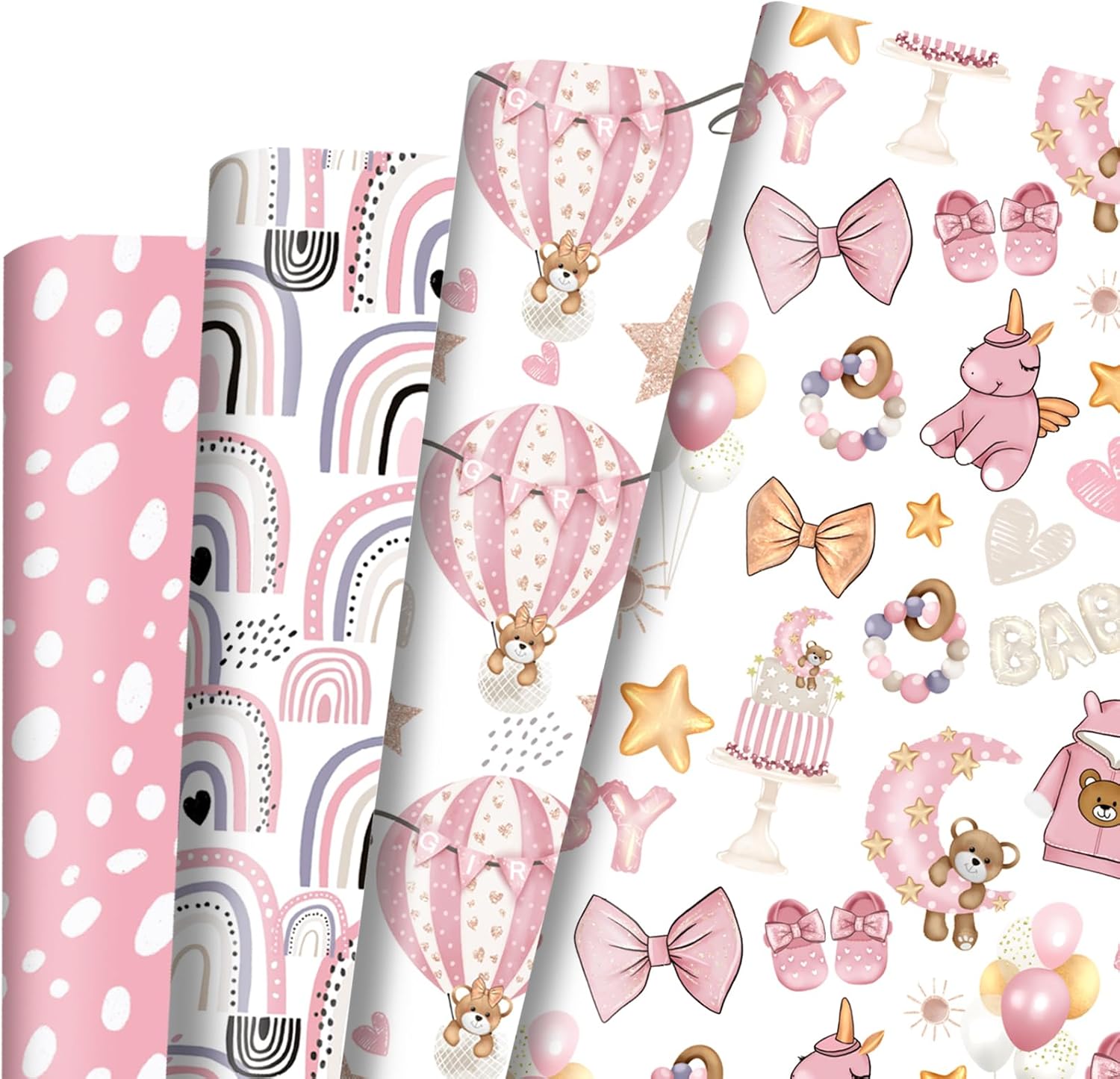 Dtiafu Papel de regalo para baby shower para niña  12 hojas de papel de regalo rosa con pies de bebé, diseño de oso unicornio, arco iris, zapatos de