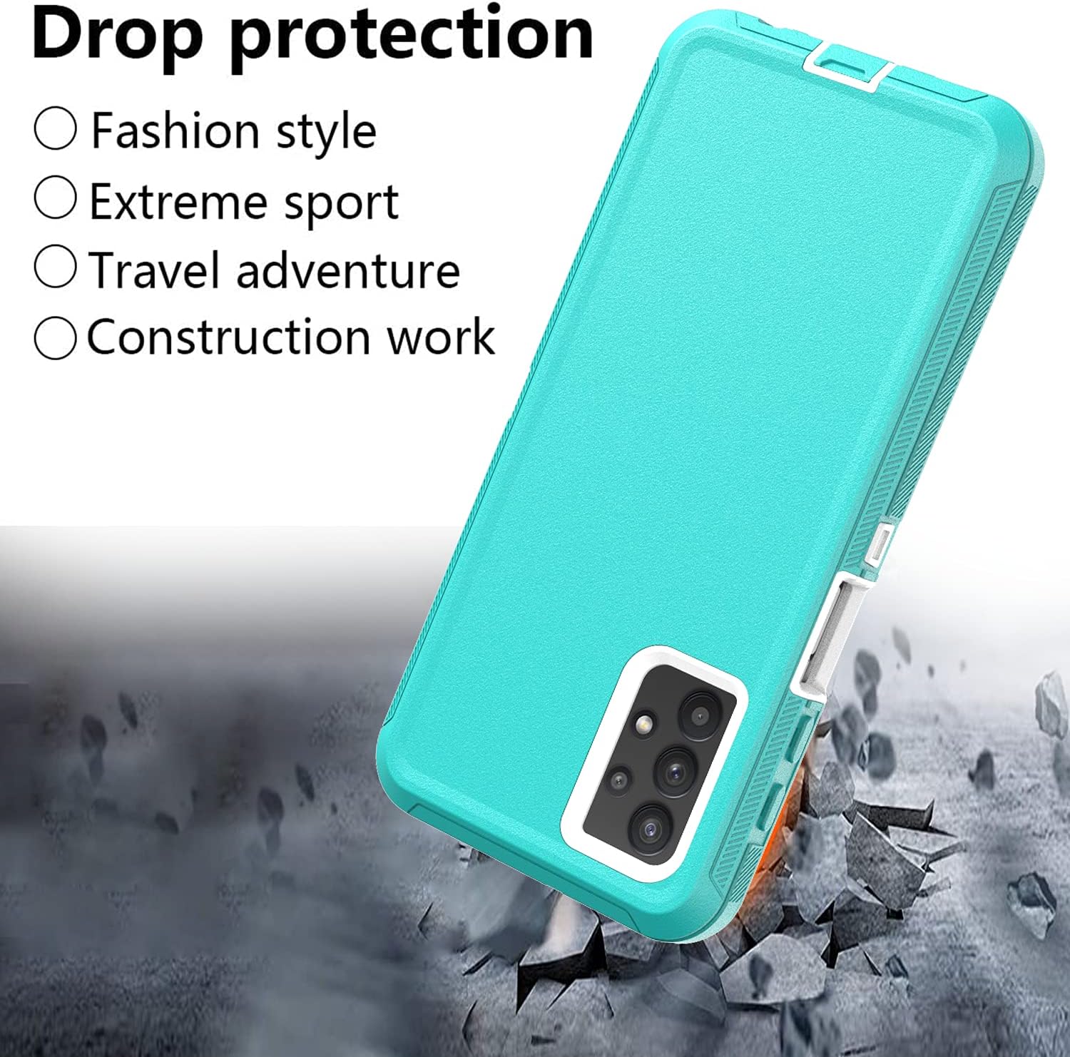Funda para Galaxy A32 5G, resistente no compatible con 4G, con clip, a prueba de golpes a prueba de caídas a prueba de polvo (verde azulado-blanco)