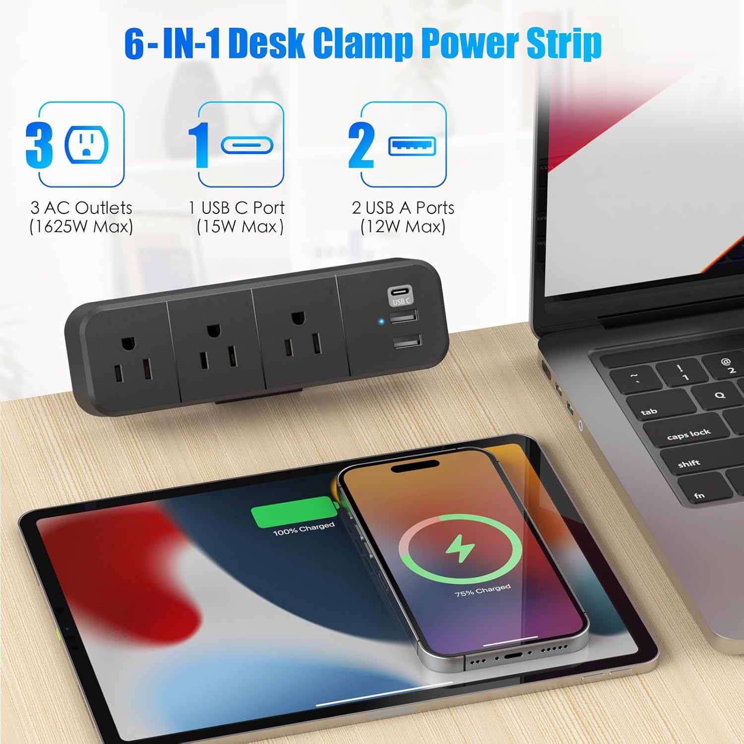 Regleta de alimentación con abrazadera de escritorio con 2 puertos USB-A y 1 USB-C, 3 salidas de CA, cable de 6 pies, se adapta a borde de mesa de