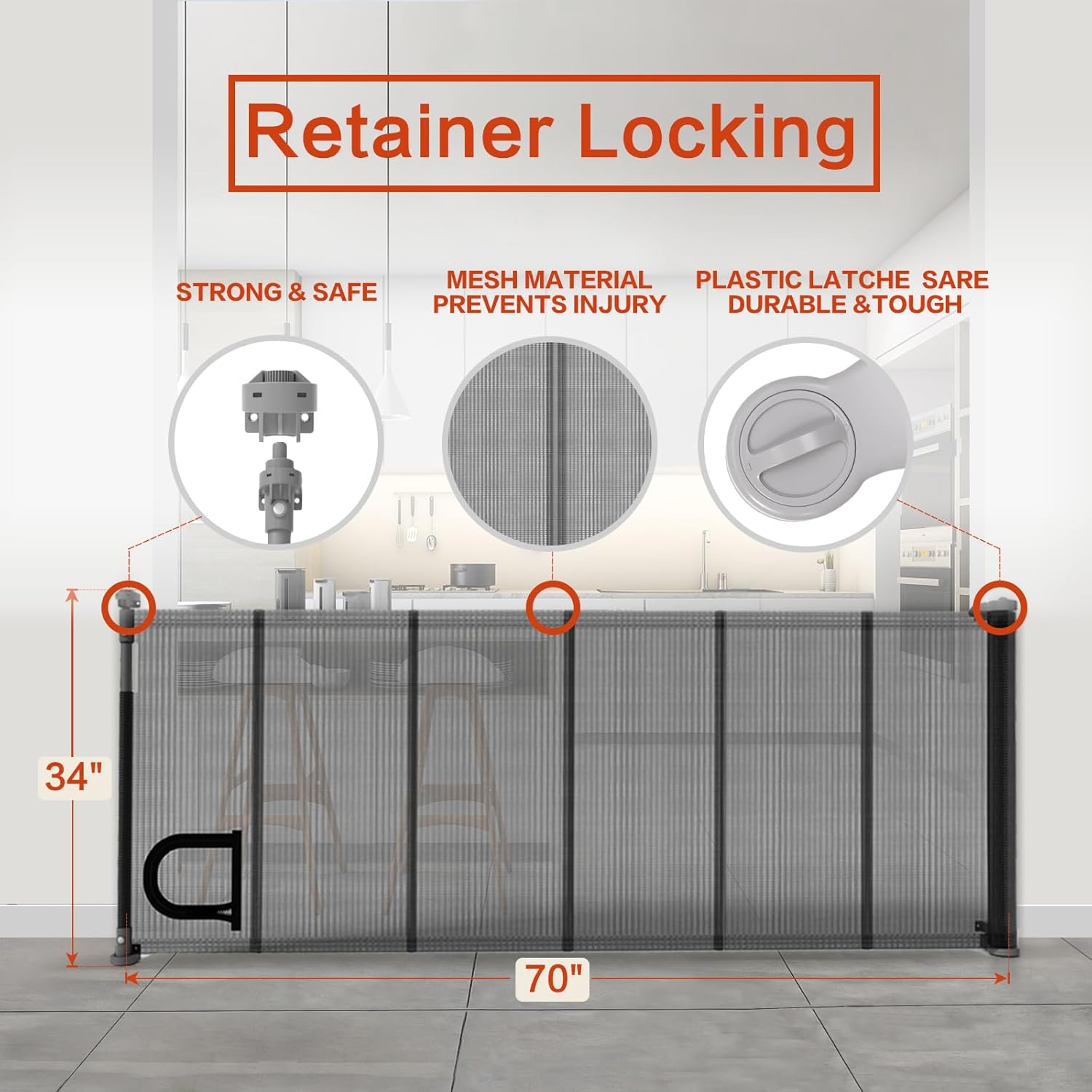 Puertas retráctiles para bebés 2.0, 34 pulgadas de alto, se expanden hasta 70 pulgadas de ancho, puerta de malla extra ancha para bebés con puerta