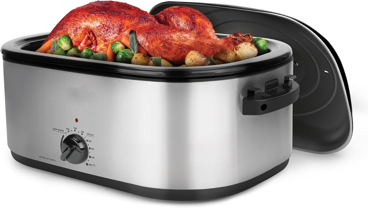 Horno asador eléctrico de gran capacidad de 22 cuartos de galón, acero inoxidable, tapa autohilvanada, mantiene el calor, perfecto para asar,