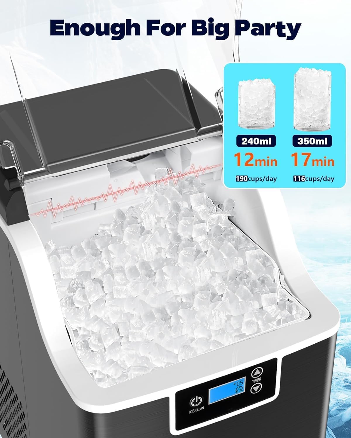 Kndko Nugget – Máquina de hielo triturado, 45 librasdía, temporizador de 24 horas, máquina de hielo autolimpiante, cubos de hielo para fiesta de bar