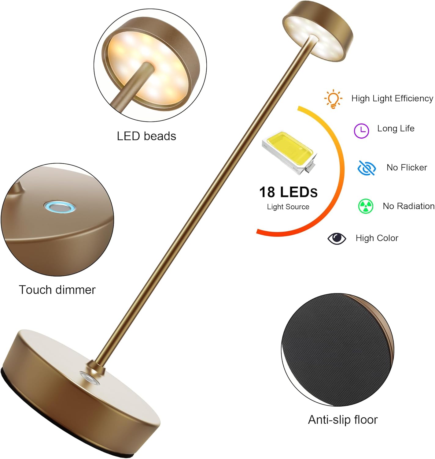 Cordless Table Lamp6000mAh Rechargeable Battery LED Desk Lamp, 3 Color Stepless Dimming Up,for Camping Restaurant Bedroom Bars Home Party (Titanium)