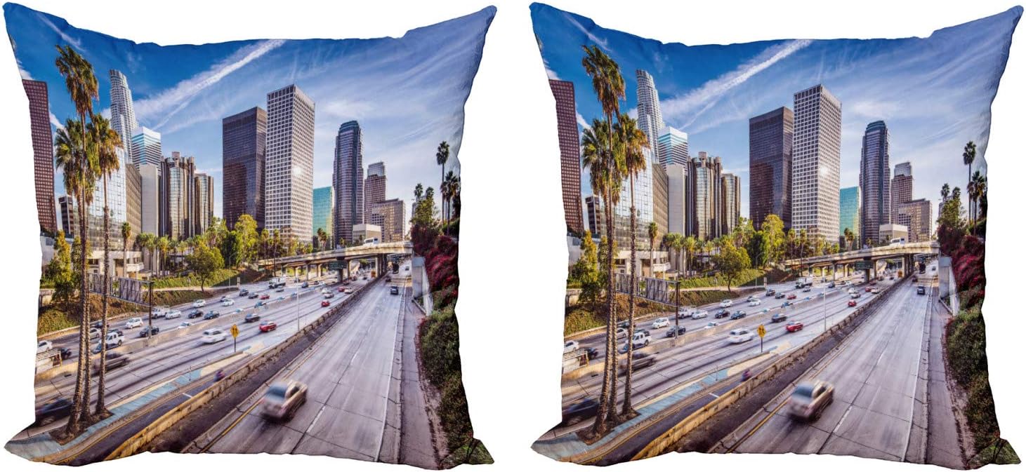 Ambesonne Travel Decorative Throw Pillow Case Pack of 2, Downtown Cityscape of Los Angeles California USA Avenue Buildings Palms Print, Couch