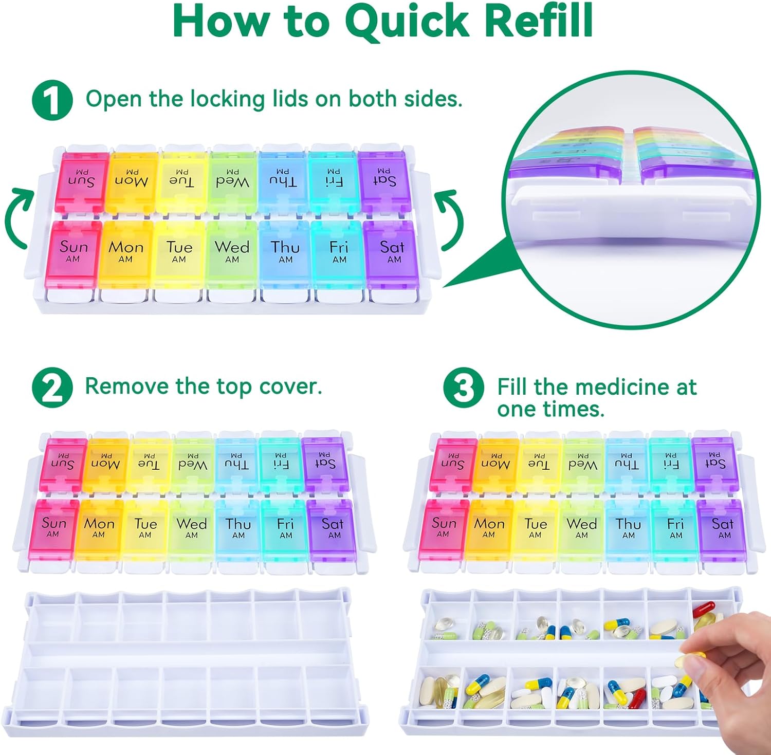 MERICARGO Organizador semanal de pastillas 2 veces al día, pastillero grande fácil de llenar 7 días, organizador de medicamentos Am Pm, pastillero