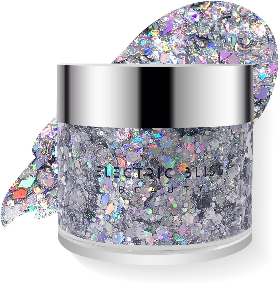 Electric Bliss Beauty – Gel holográfico plateado con purpurina corporal para cuerpo, cara, cabello, vegano y libre de crueldad animal (plata