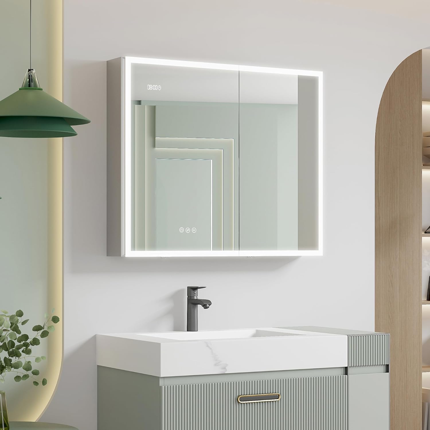 MIRPLUS Botiquín de baño de 36 x 30 pulgadas con espejo LED, 3 luces de color y ajuste de brillo, pantalla antivaho de tiempo y temperatura, montaje