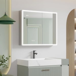 MIRPLUS Botiquín de baño de 36 x 30 pulgadas con espejo LED, 3 luces de color y ajuste de brillo, pantalla antivaho de tiempo y temperatura, montaje MIRPLUS Botiquín de baño de 36 x 30 pulgadas con espejo LED, 3 luces de color y ajuste de brillo, pantalla antivaho de tiempo y temperatura, montaje
