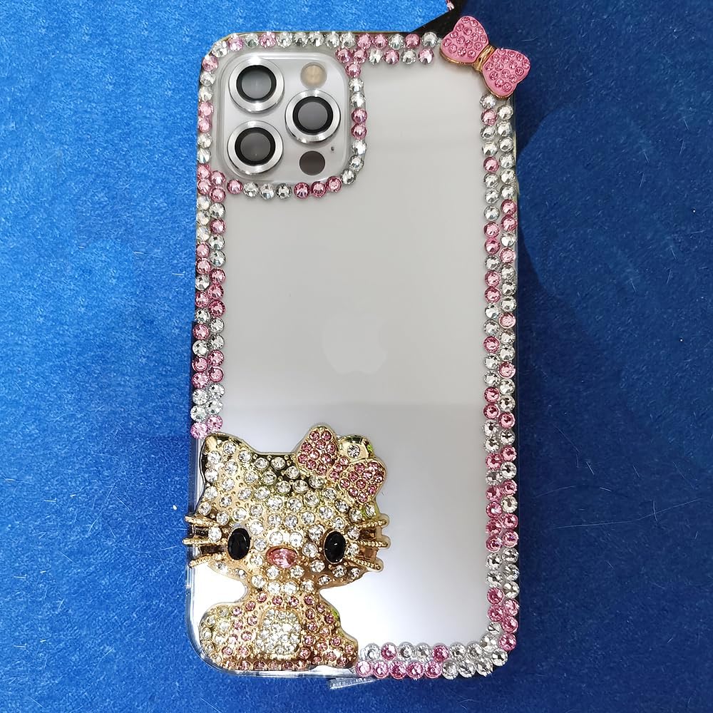 Victor – Funda de silicona para mujer con diamantes de imitación brillantes para iPhone 14, 13, 12, 11, Hello KT, carcasa de silicona (iPhone 12