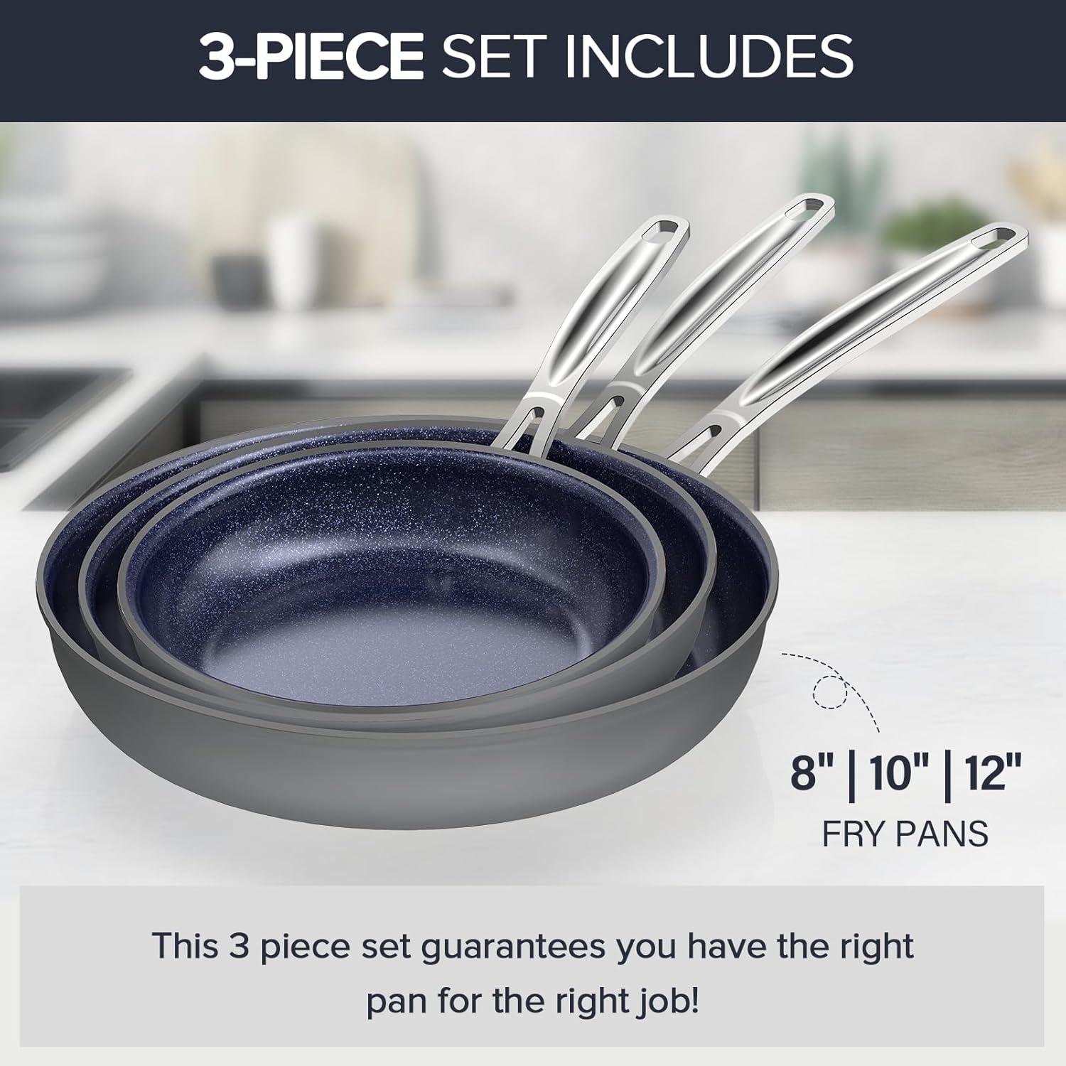 Nuwave Juego de sartenes ligeras forjadas de 3 piezas de 8, 10 y 12 pulgadas, G10 Healthy Duralon Blue Ceramic Ultra Antiadherente, asas ergonómicas