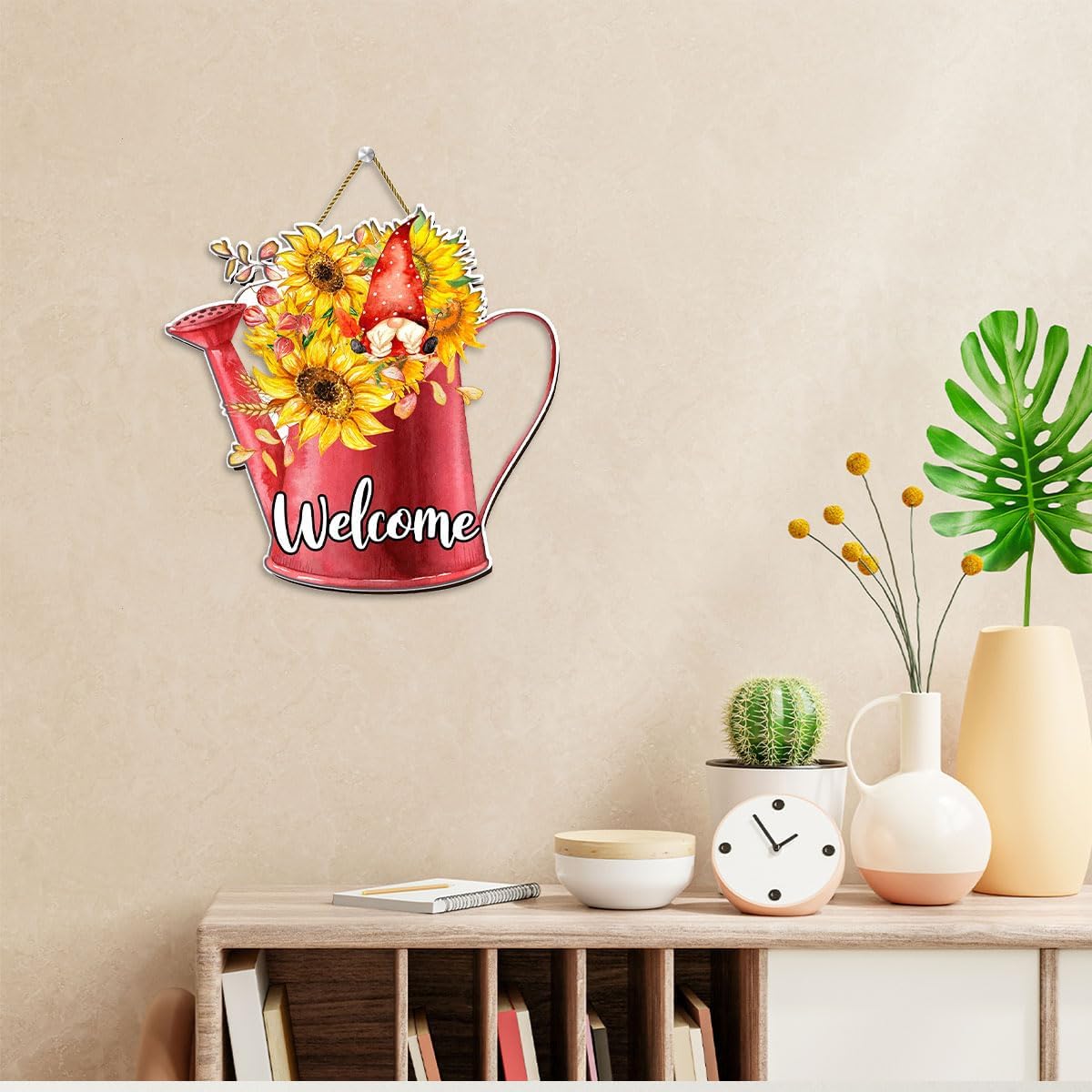 Verano girasol bienvenida puerta signo granja verano girasol gnomo puerta colgante impreso placa de madera colgante decoración de pared, rústico
