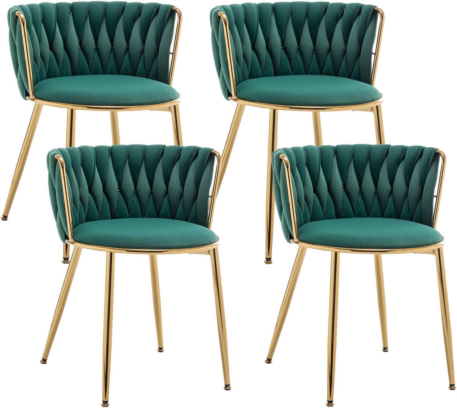 Riknuxi Juego de 4 sillas de comedor de terciopelo, modernas sillas de comedor tejidas con patas de metal, sillas de comedor tapizadas doradas para