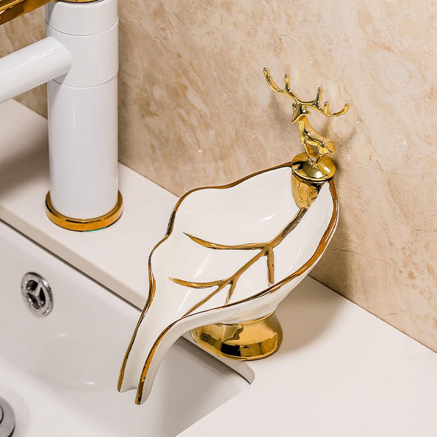 Light Luxury Style Ceramic Soap Rack Leaf Shaped Soap Dish Self Draining Soap Holder Creative Soap Box with Golden Deer for Shower Bathroom Kitchen