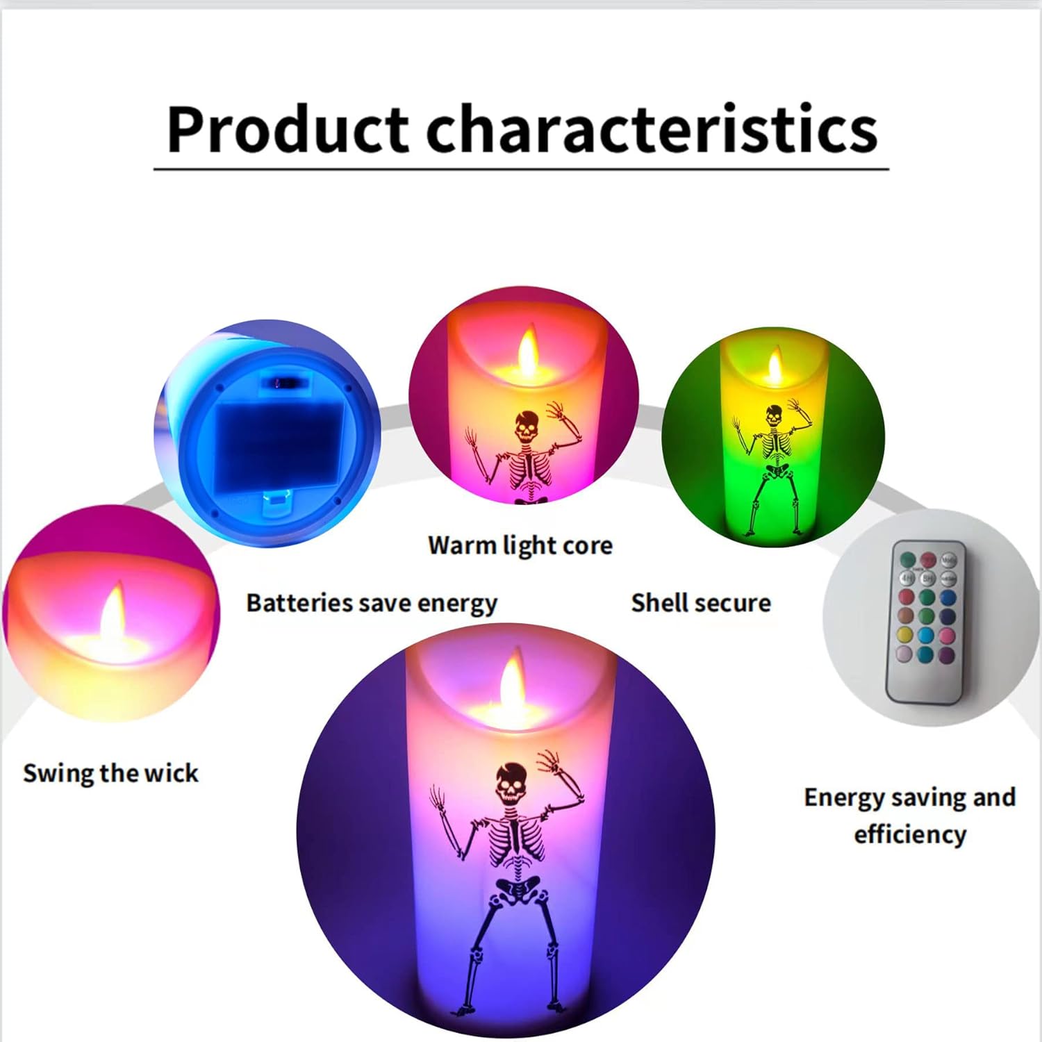 Encanto – Vela milagrosa de plástico LED mágica sin llama con llama móvil, 12 modos de vela sin humo (con control remoto de calavera milagrosa)