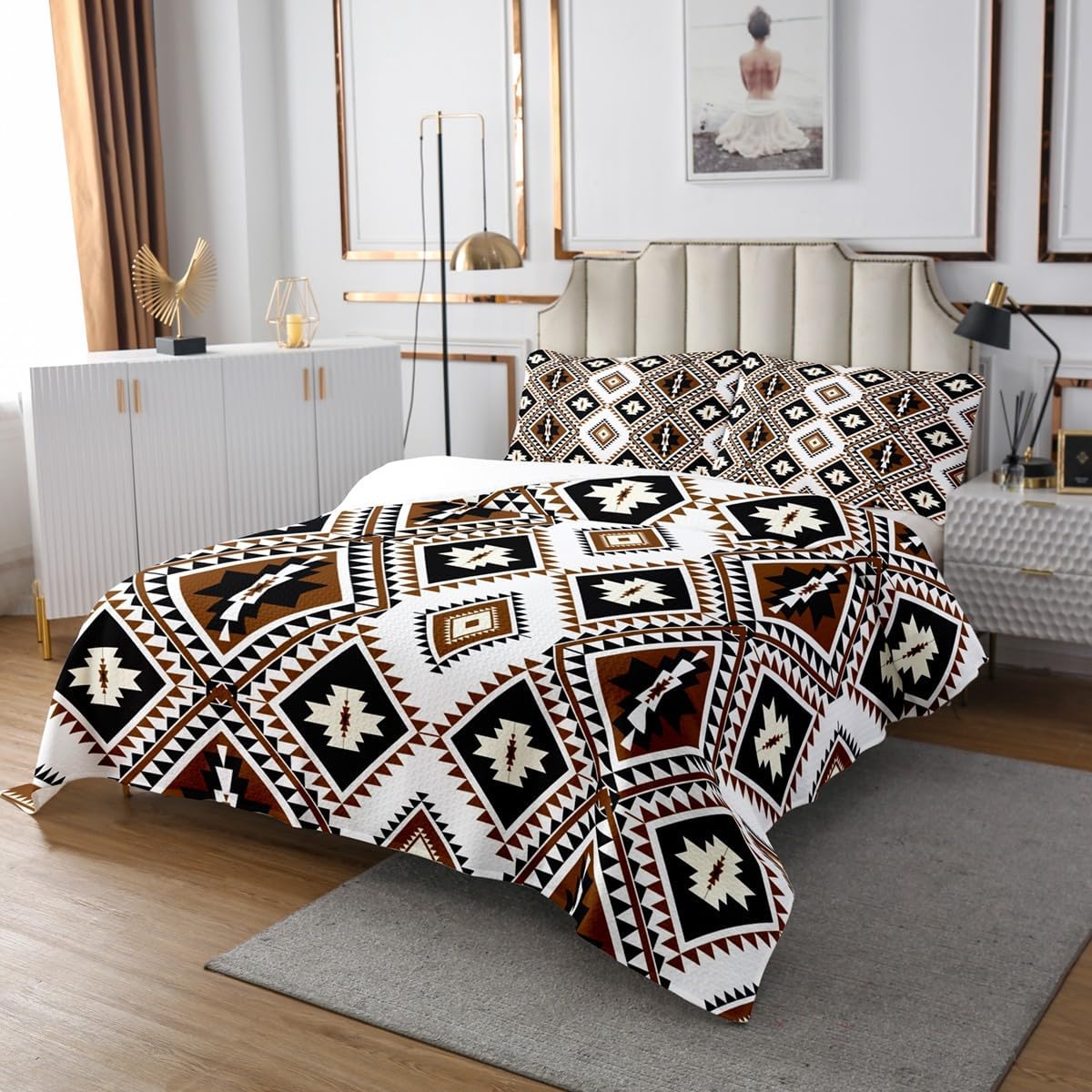 Juego de colcha étnica bohemia tamaño Queen, estilo occidental, bohemio, azteca, del suroeste, juego de ropa de cama exótica mexicana geométrica con
