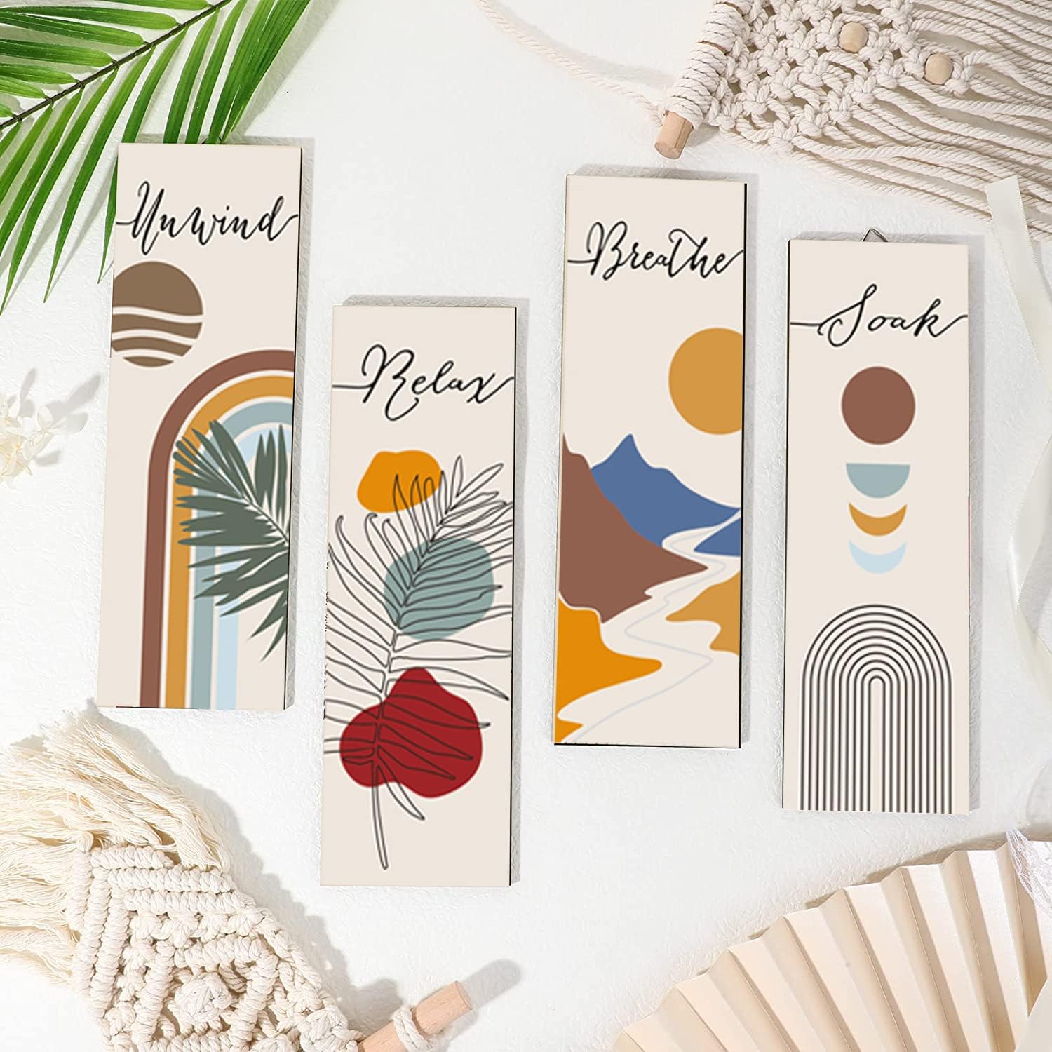 4 piezas Relax Soak Unwind Breathe Sign Decor Boho Bath Decoración de pared de madera minimalista botánico rústico baño placa de pared de madera