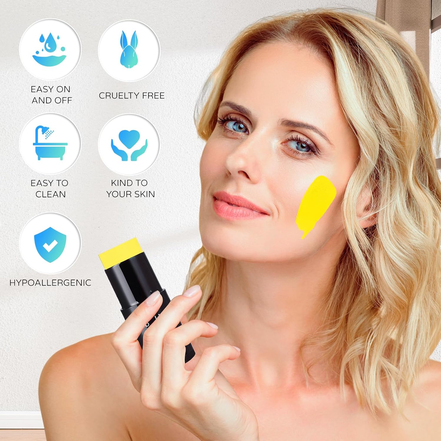 Go Ho Barra de pintura amarilla para la cara y el cuerpo, a base de agua, lavable, a base de agua, no tóxica, cobertura completa, color amarillo