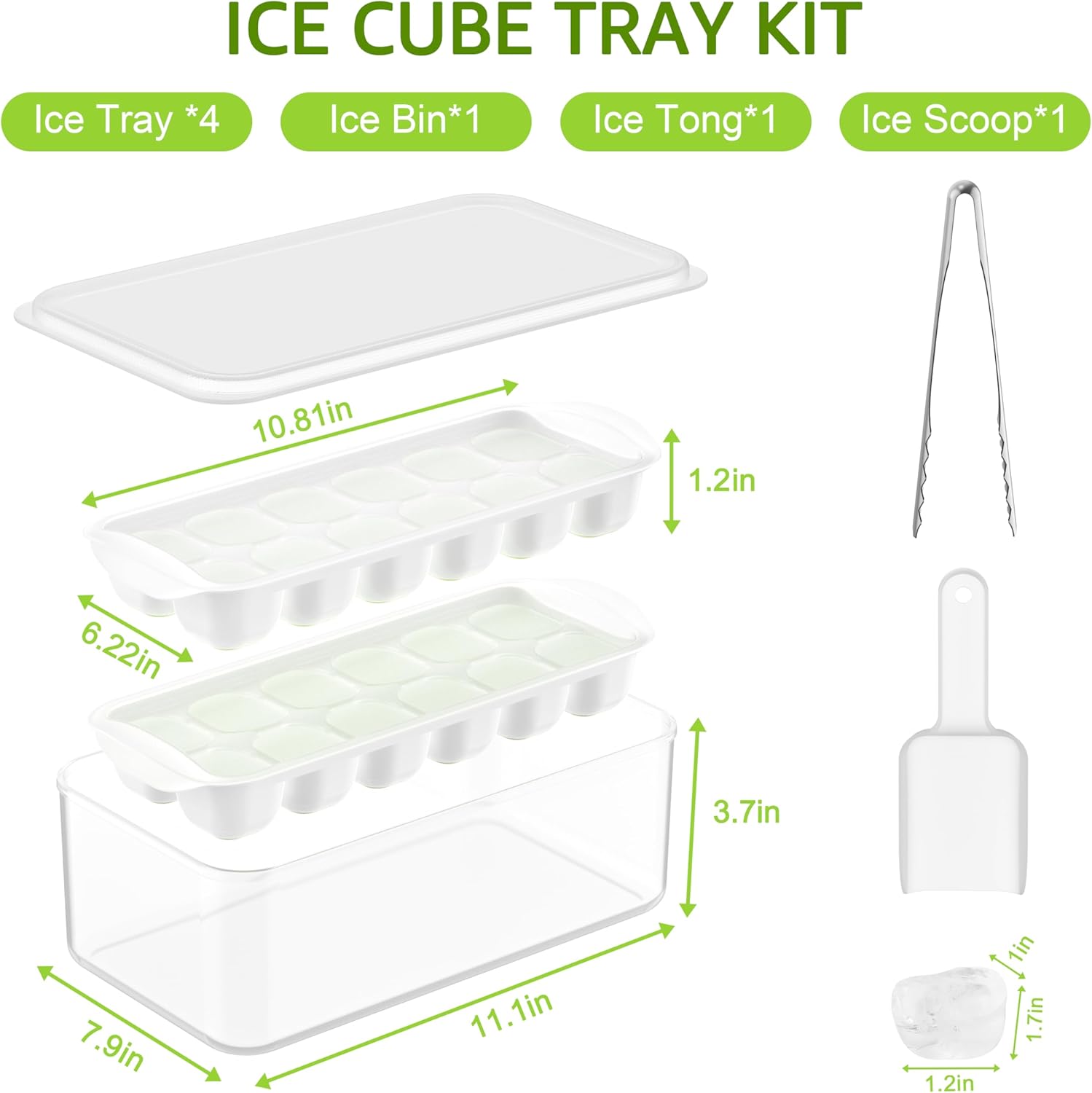 ICEXXP Paquete de 4 bandejas para cubitos de hielo con tapa y contenedor, bandejas de cubitos de hielo para congelador con caja de hielo, bandejas