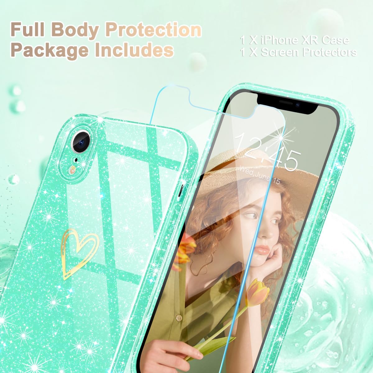 Funda para iPhone XR, purpurina transparente con 1 protector de pantalla de vidrio templado Funda protectora de silicona suave a prueba de golpes